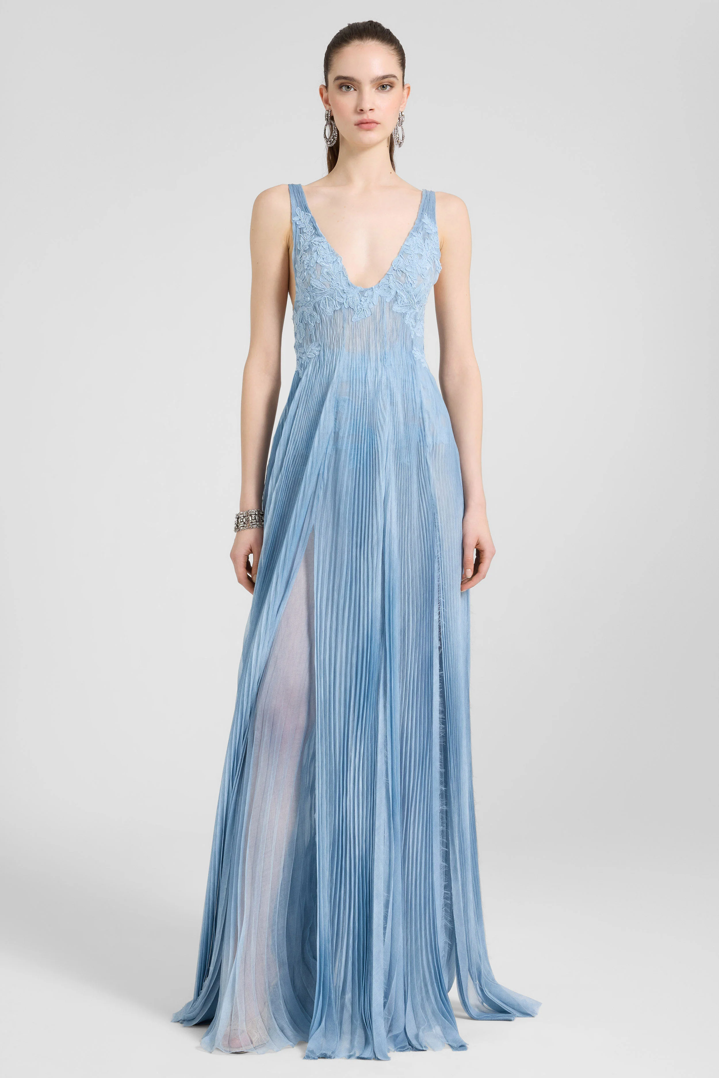Silk trousers with high tulle waist and hand-applied rebrodé lace in denim-blue - Image 2