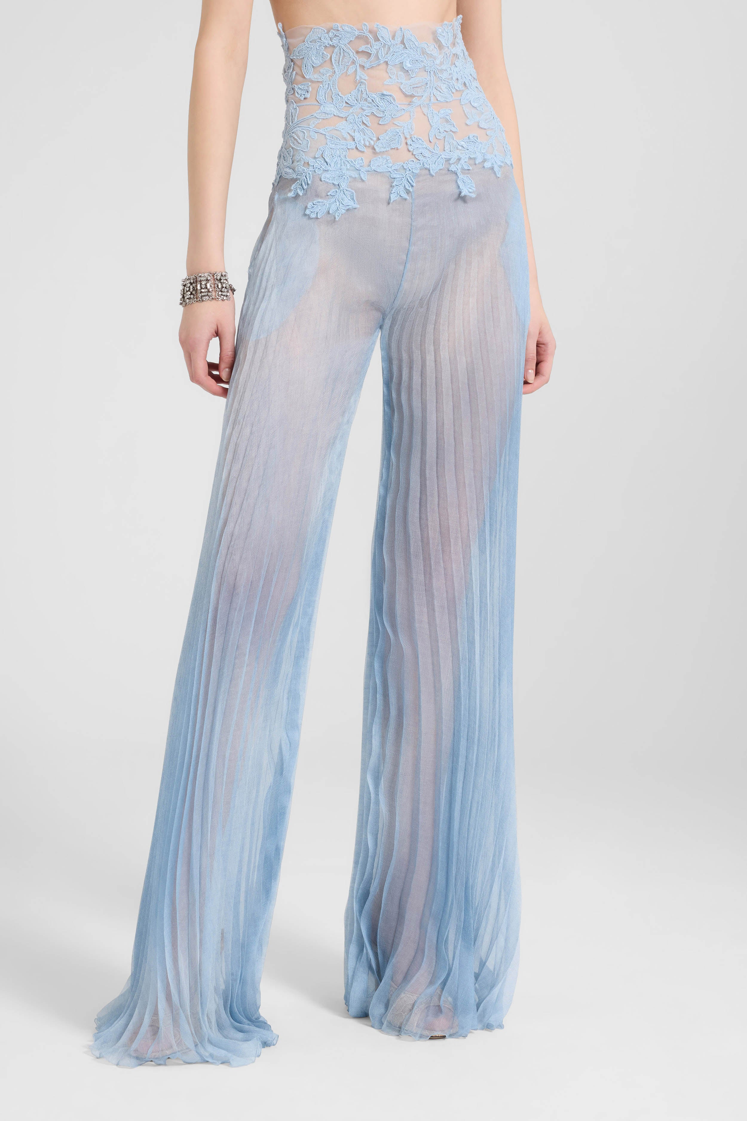 Silk trousers with high tulle waist and hand-applied rebrodé lace in denim-blue - Image 3