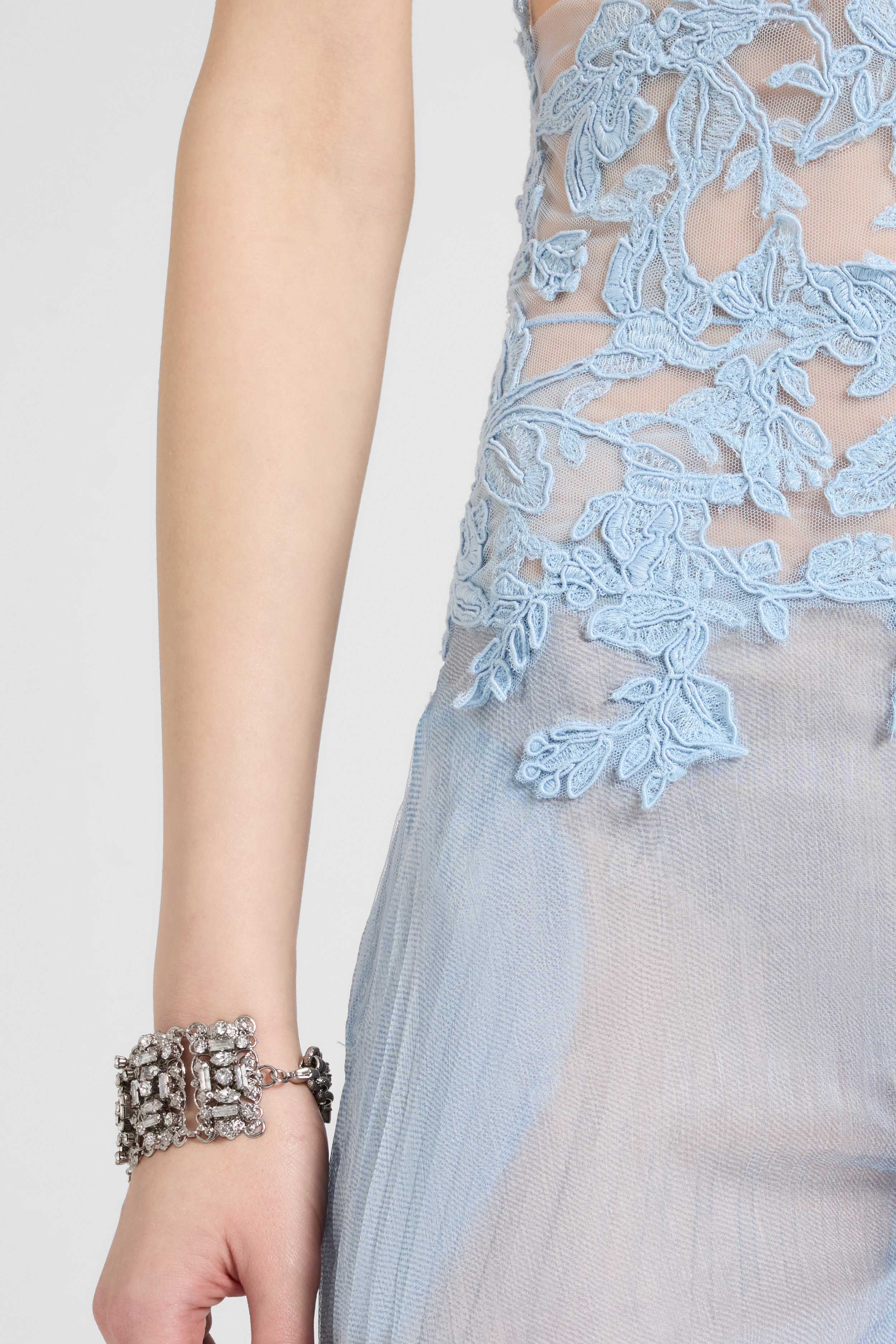 Silk trousers with high tulle waist and hand-applied rebrodé lace in denim-blue - Image 4