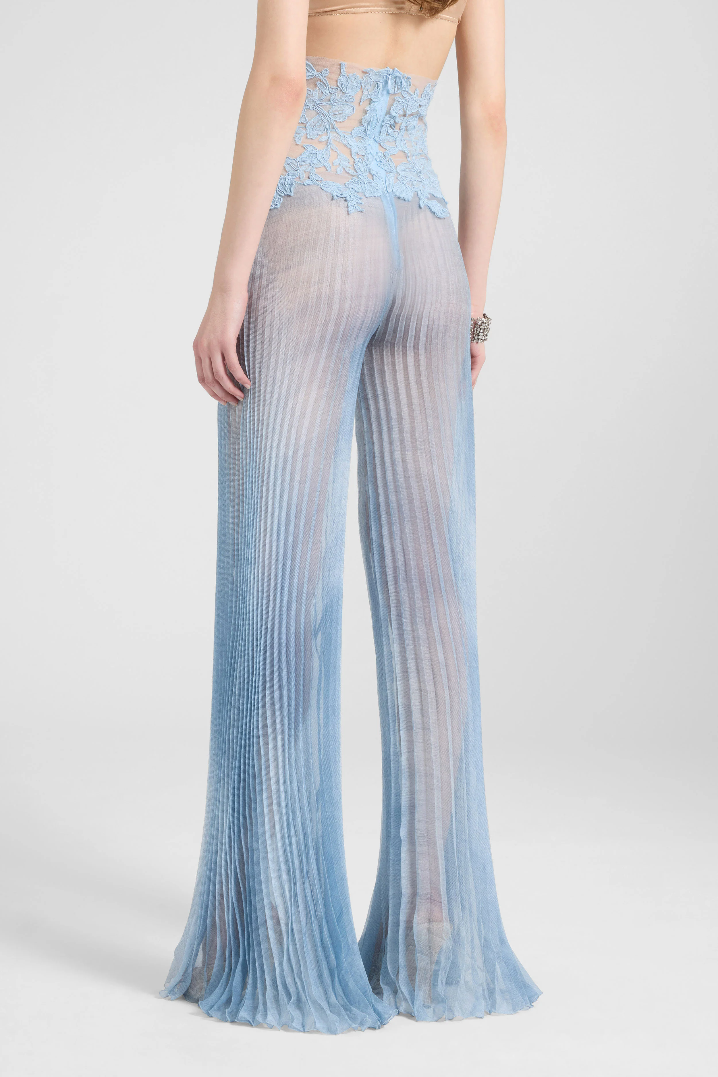 Silk trousers with high tulle waist and hand-applied rebrodé lace in denim-blue - Image 5
