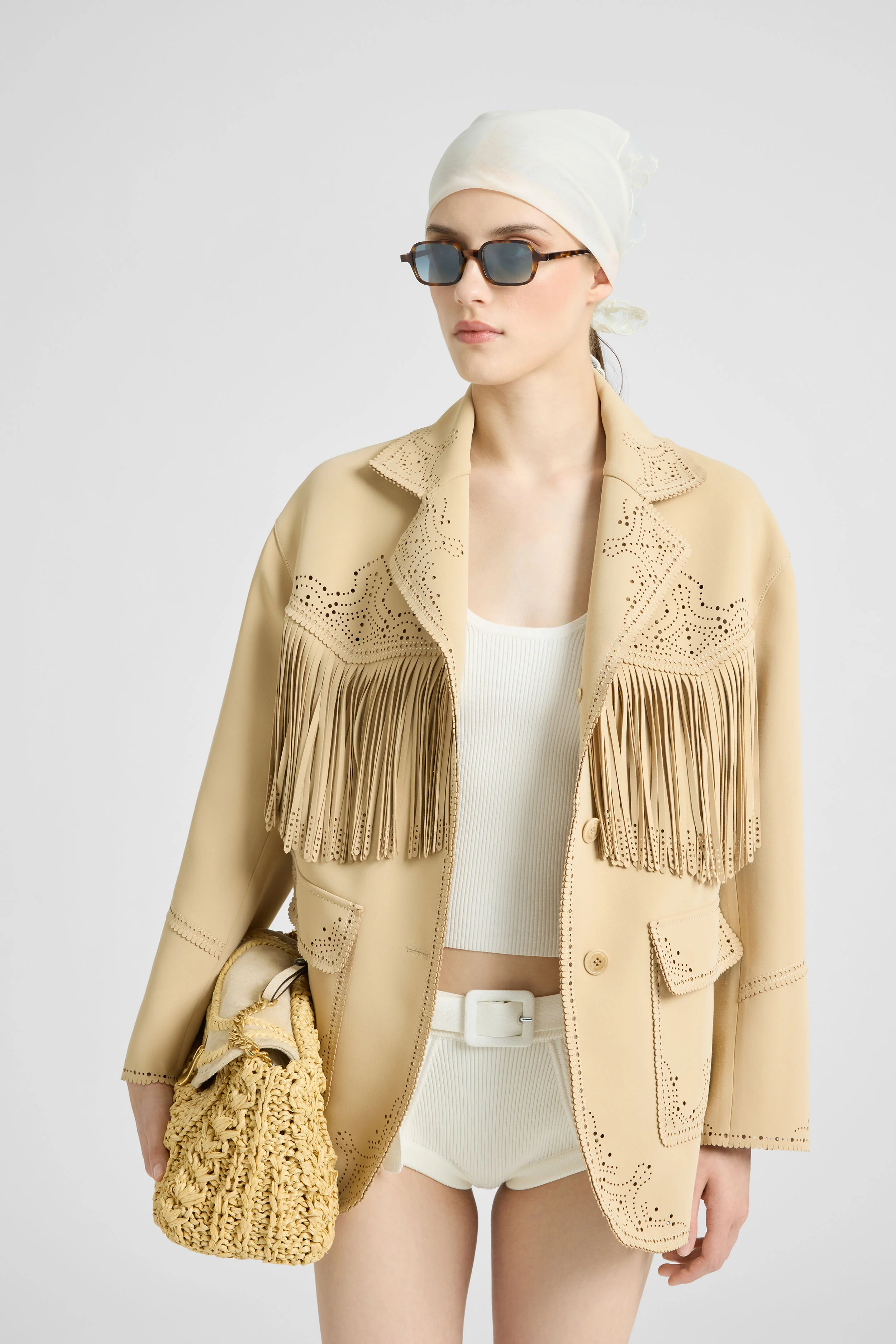 Single-breasted cadì jacket with fringes and broguing - Image 5