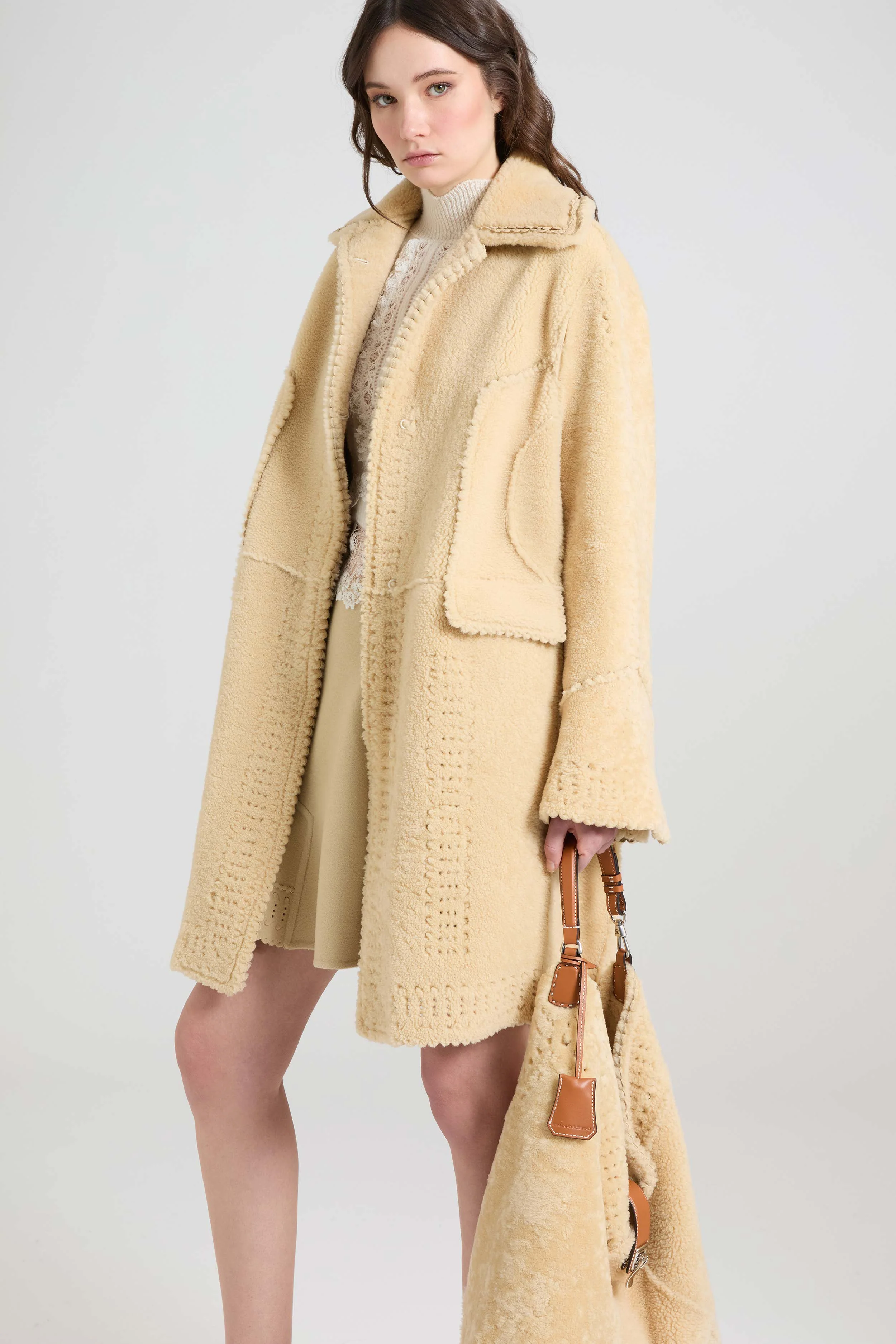 Single-breasted midi shearling coat with brogue detailing - Image 3