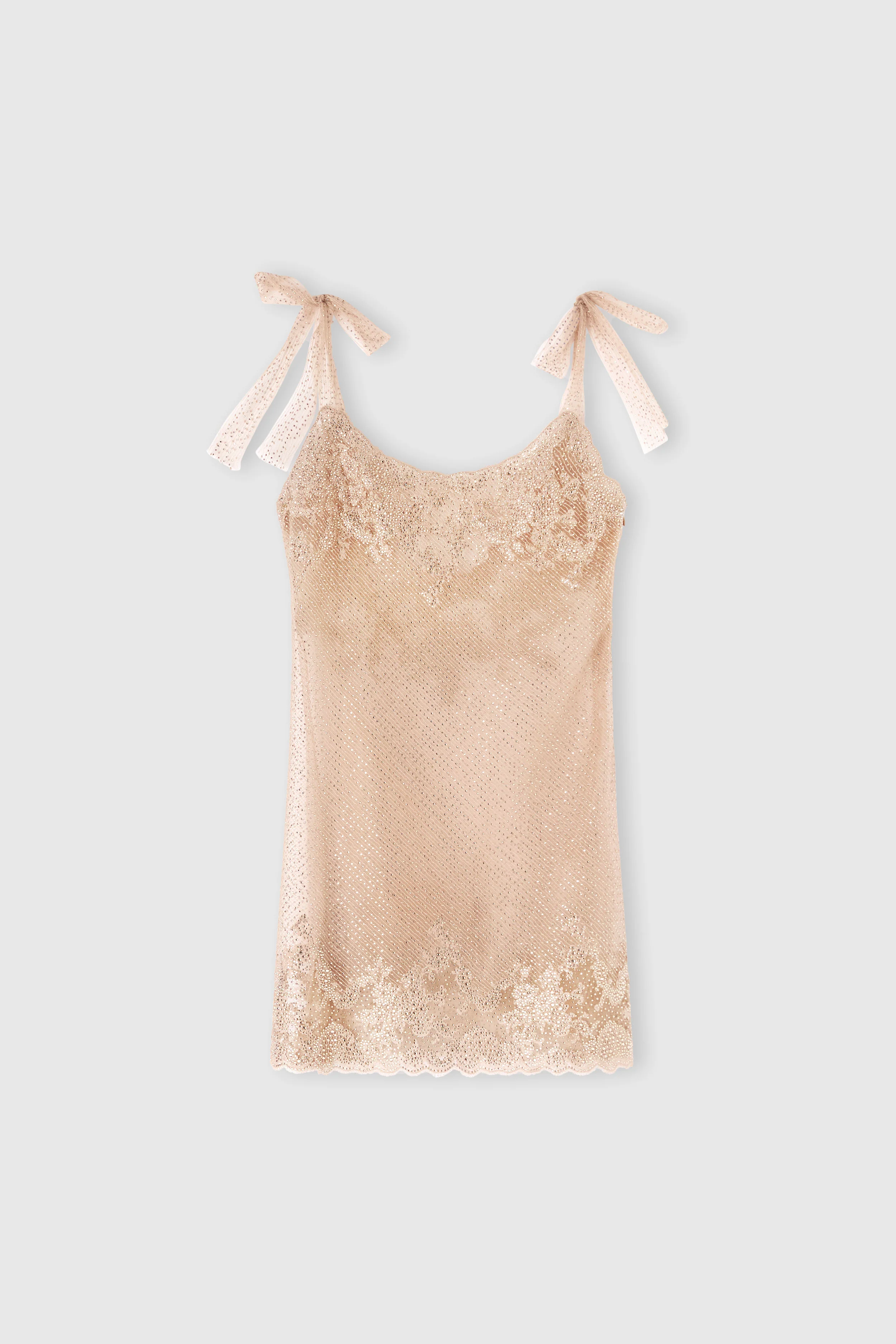 Slip dress in plumetis tulle with crystals and bow straps