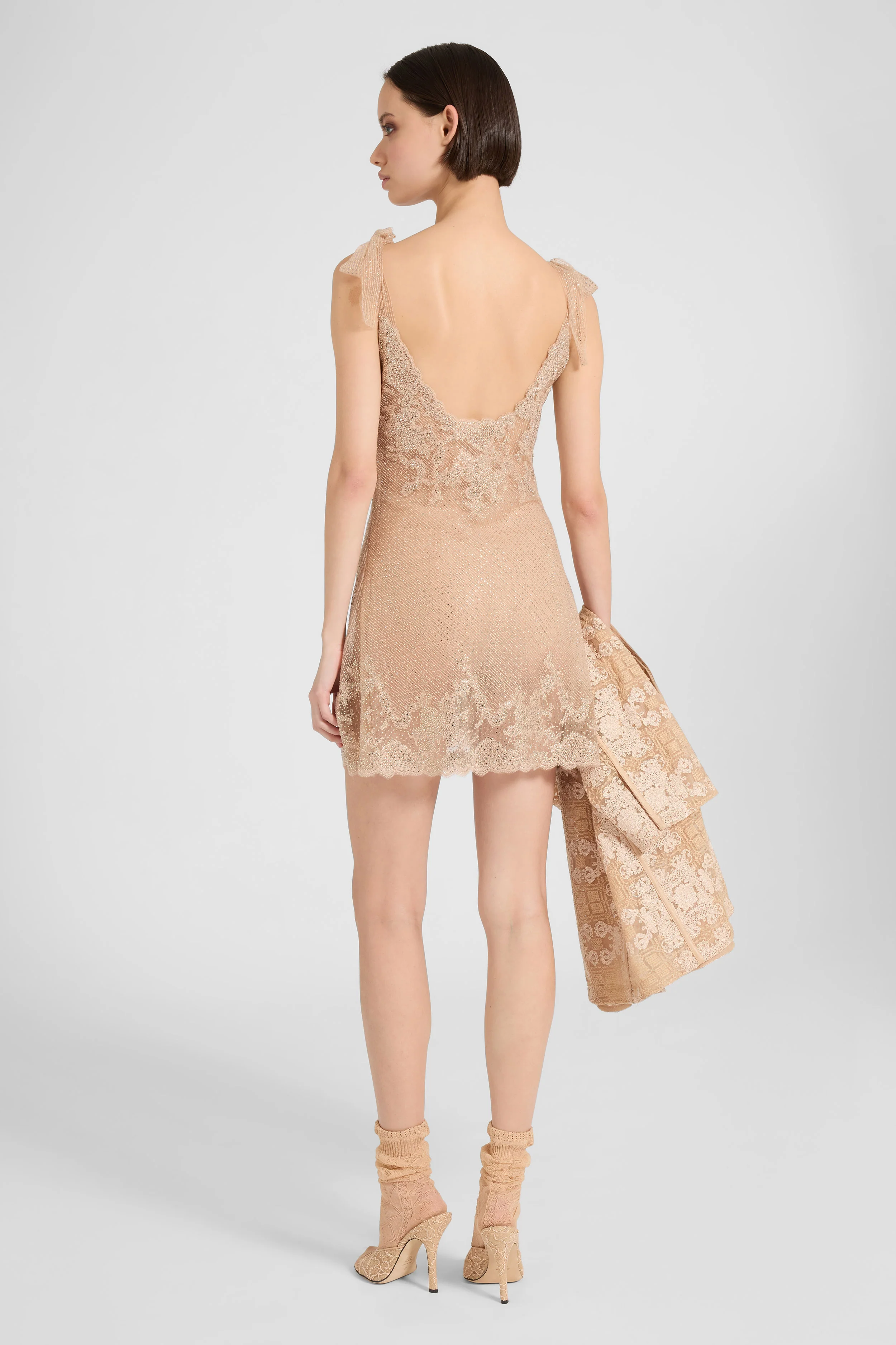 Slip dress in plumetis tulle with crystals and bow straps - Image 4