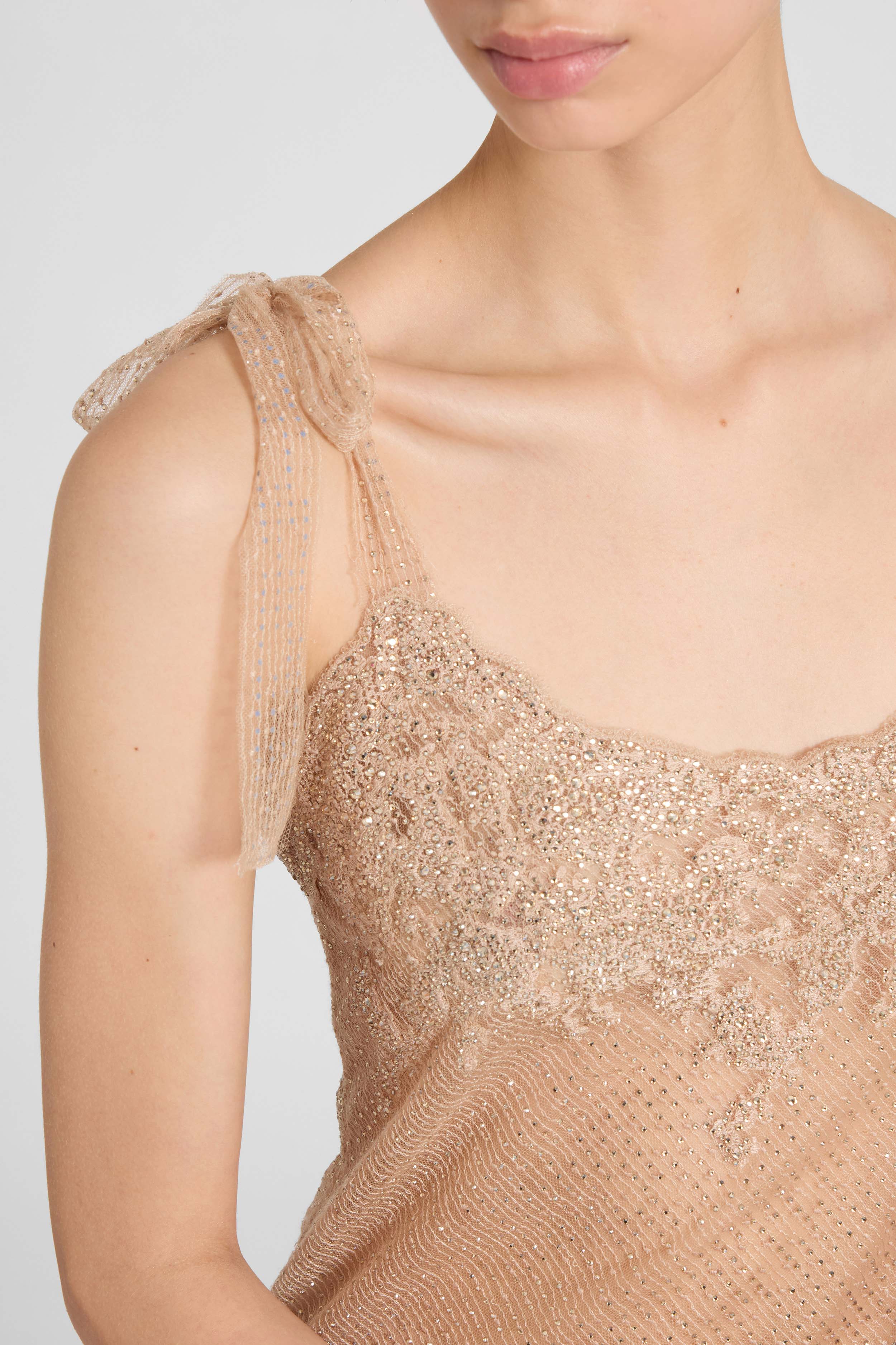 Slip dress in plumetis tulle with crystals and bow straps - Image 5