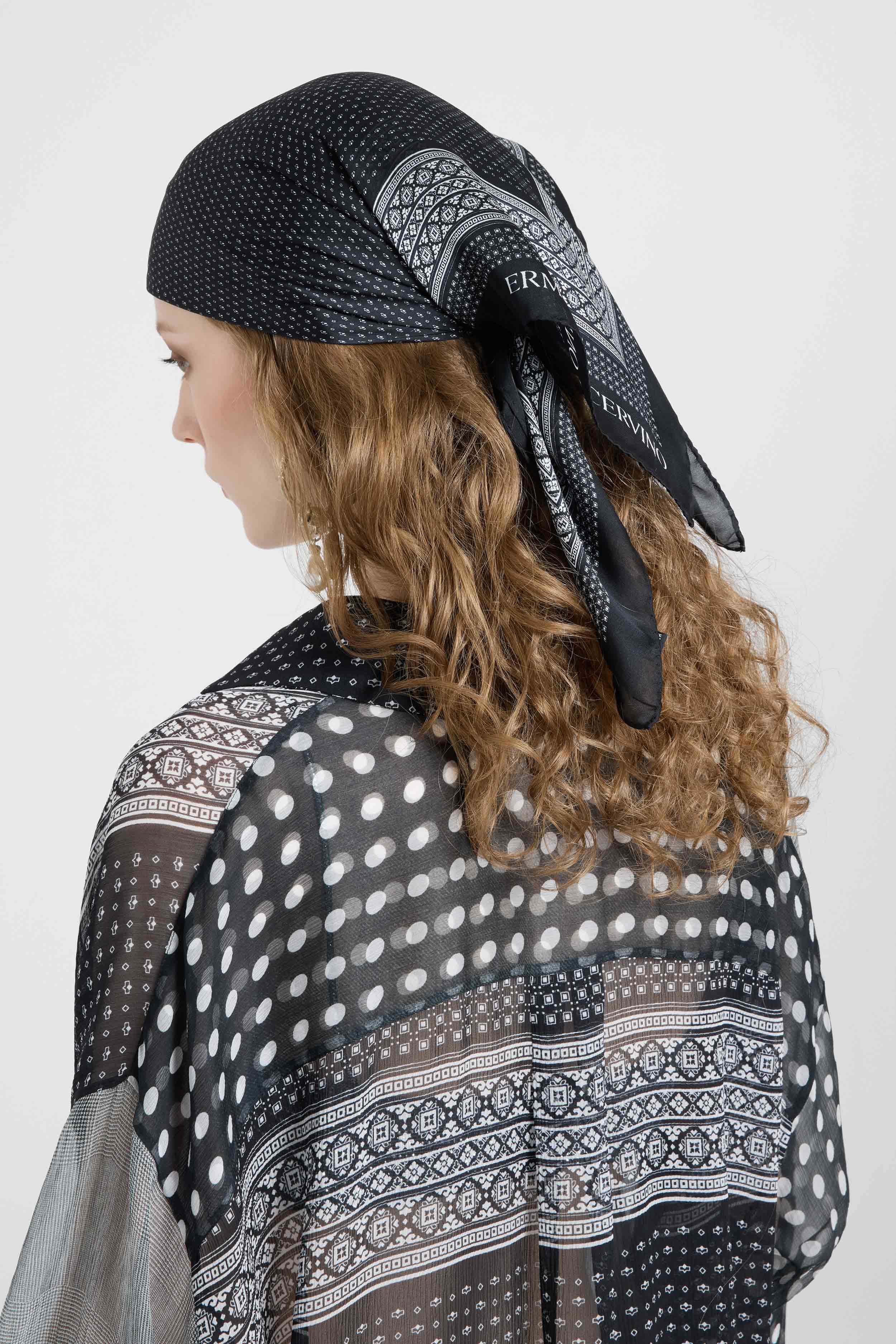 Square silk scarf with black and white bandana print - Image 2