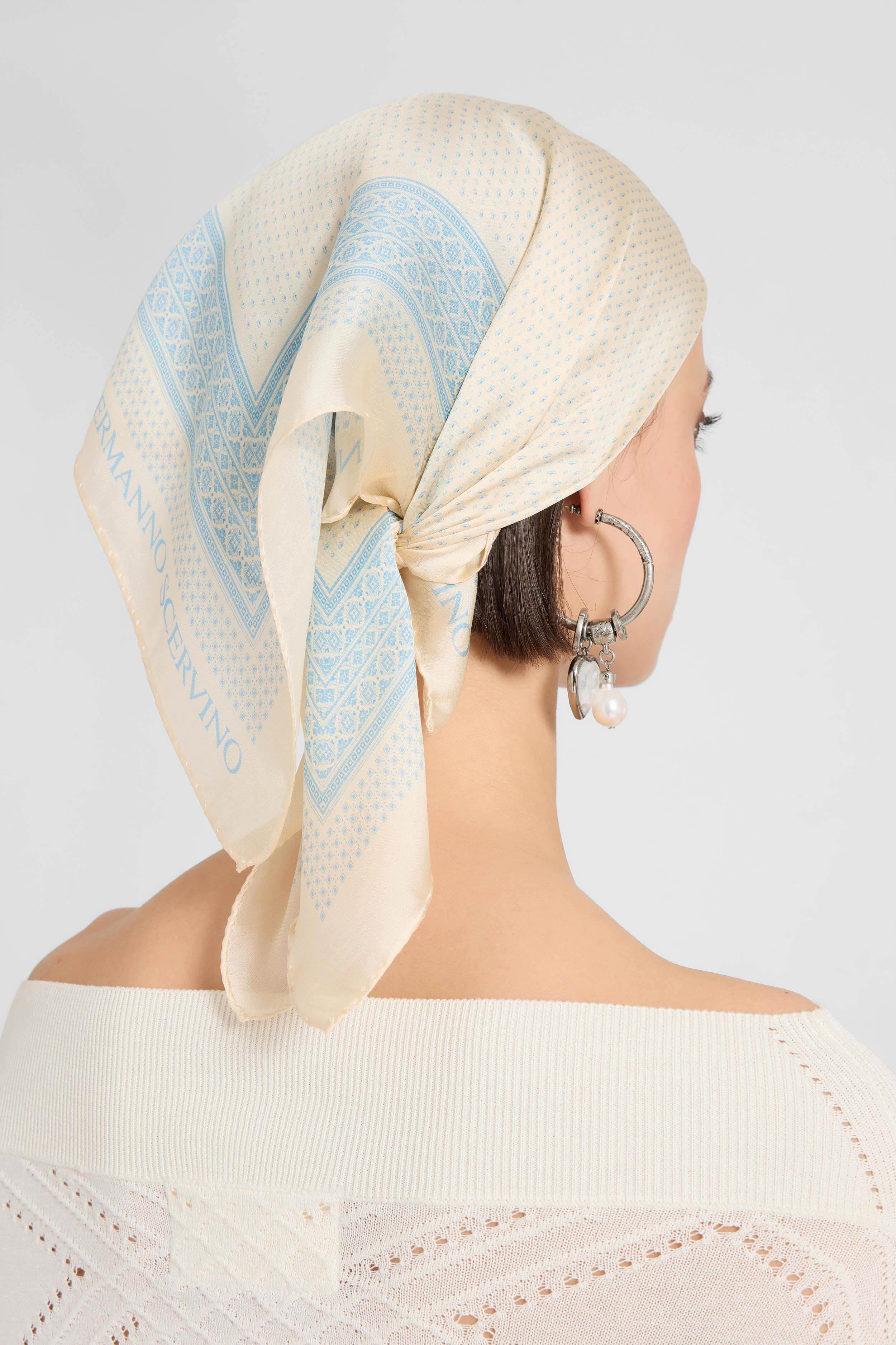 Square silk scarf with blue and cream bandana print - Image 2