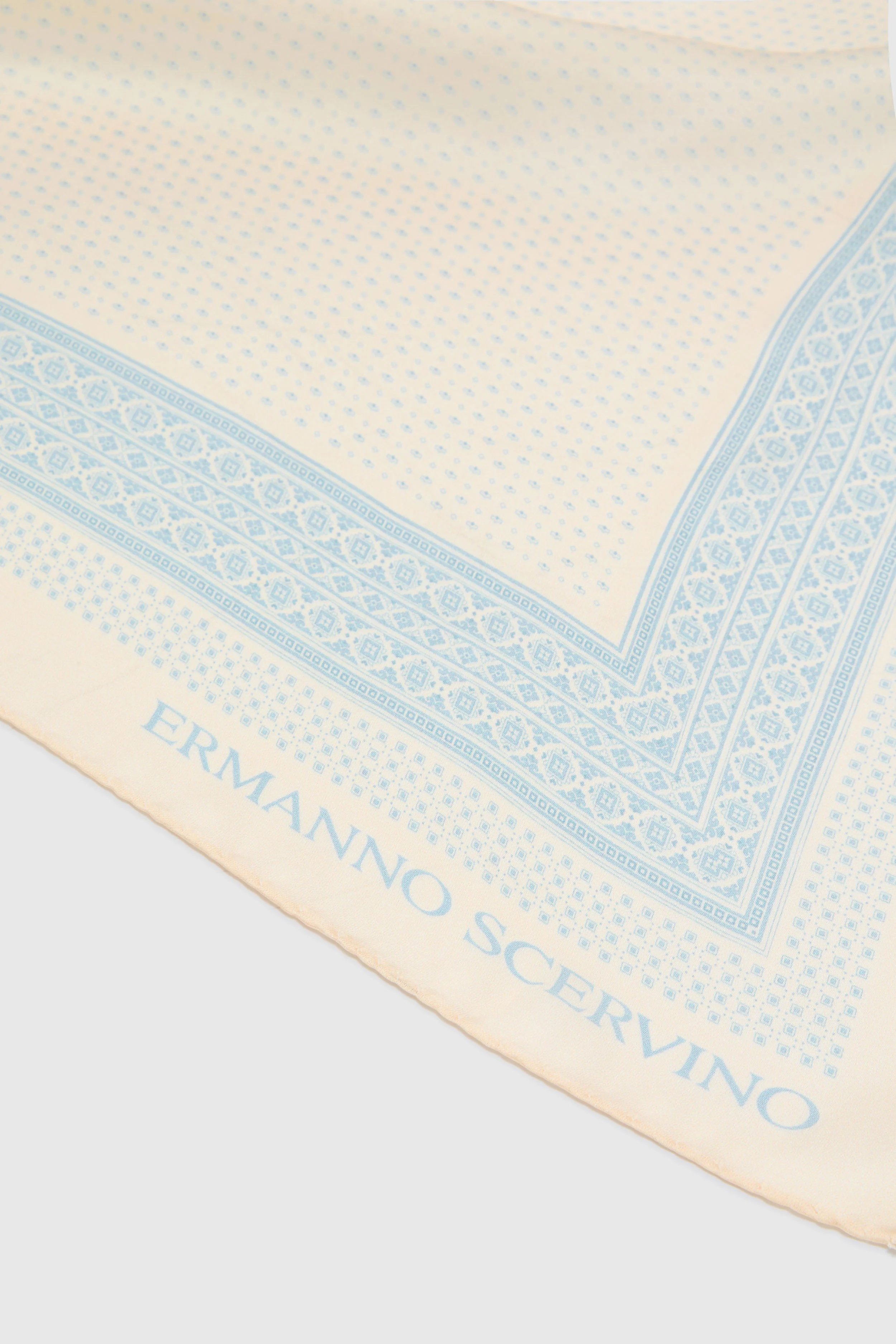 Square silk scarf with blue and cream bandana print - Image 3