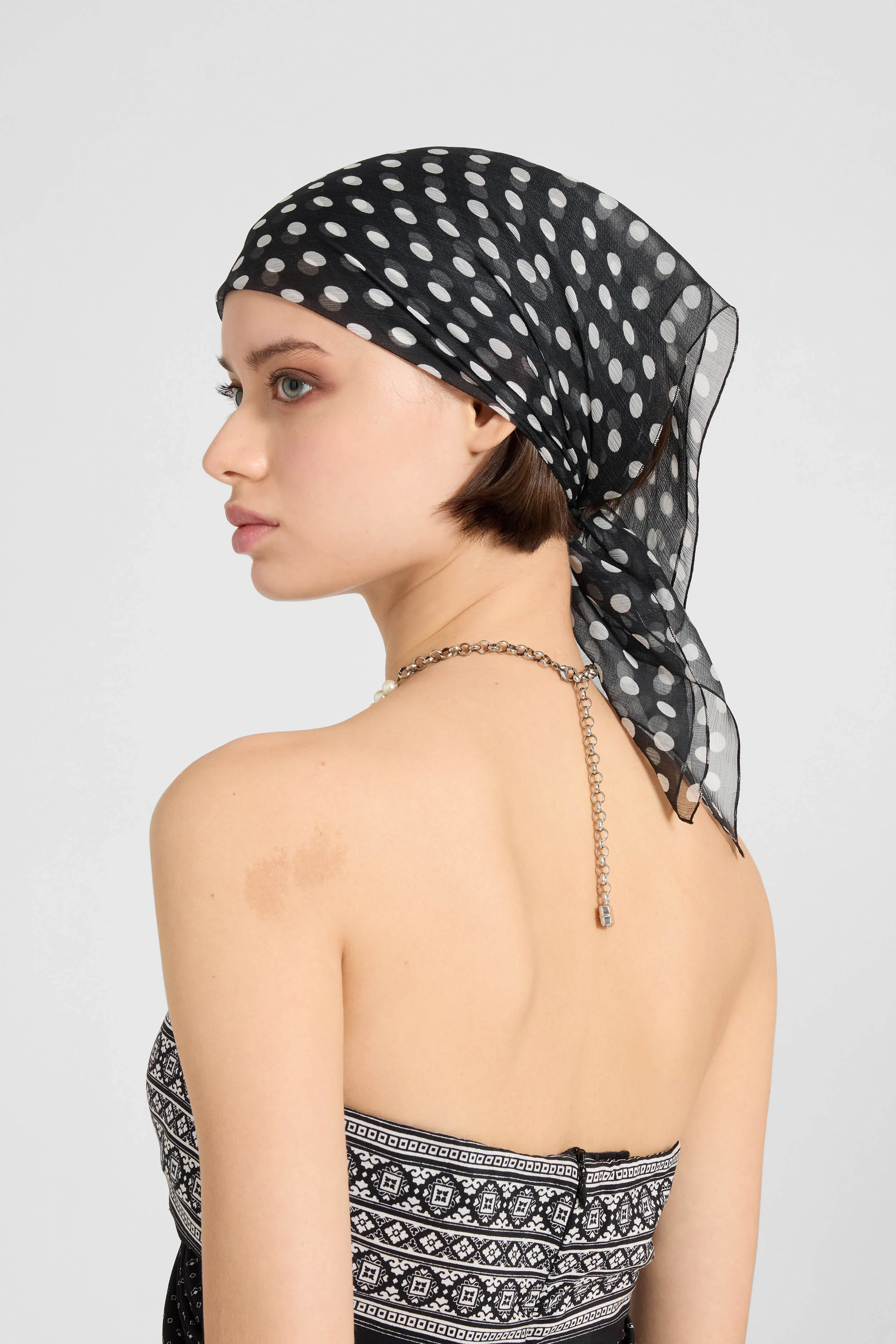 Square silk scarf with white polka dots on black background - Image 2