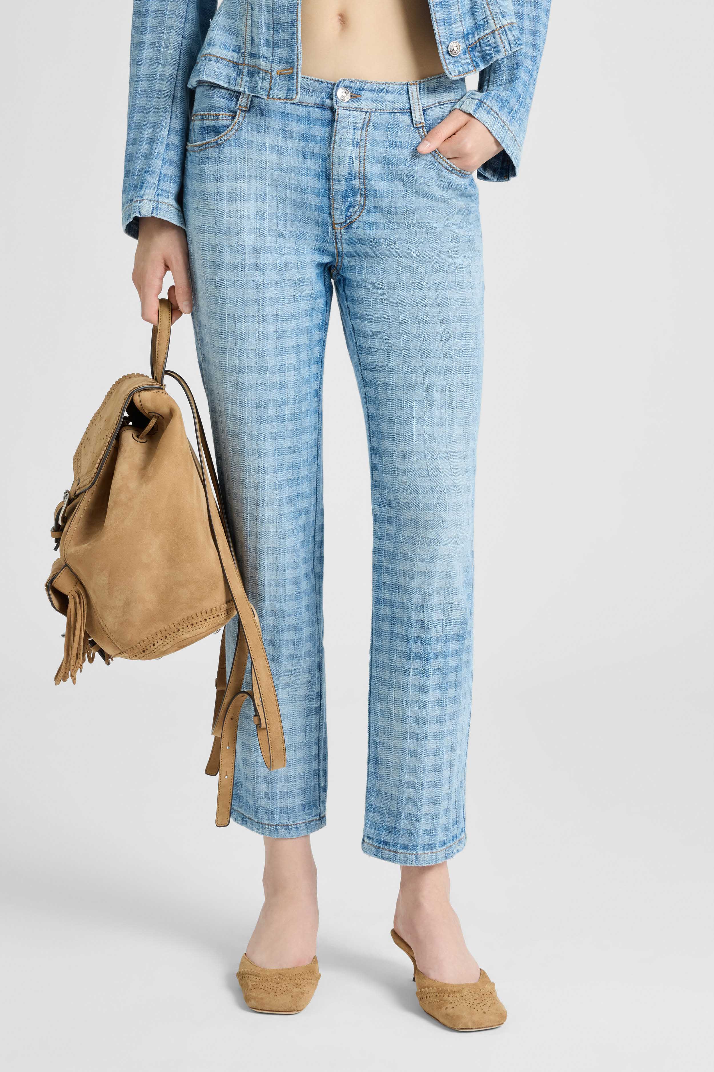 Straight-leg jacquard vichy denim trousers - Image 3