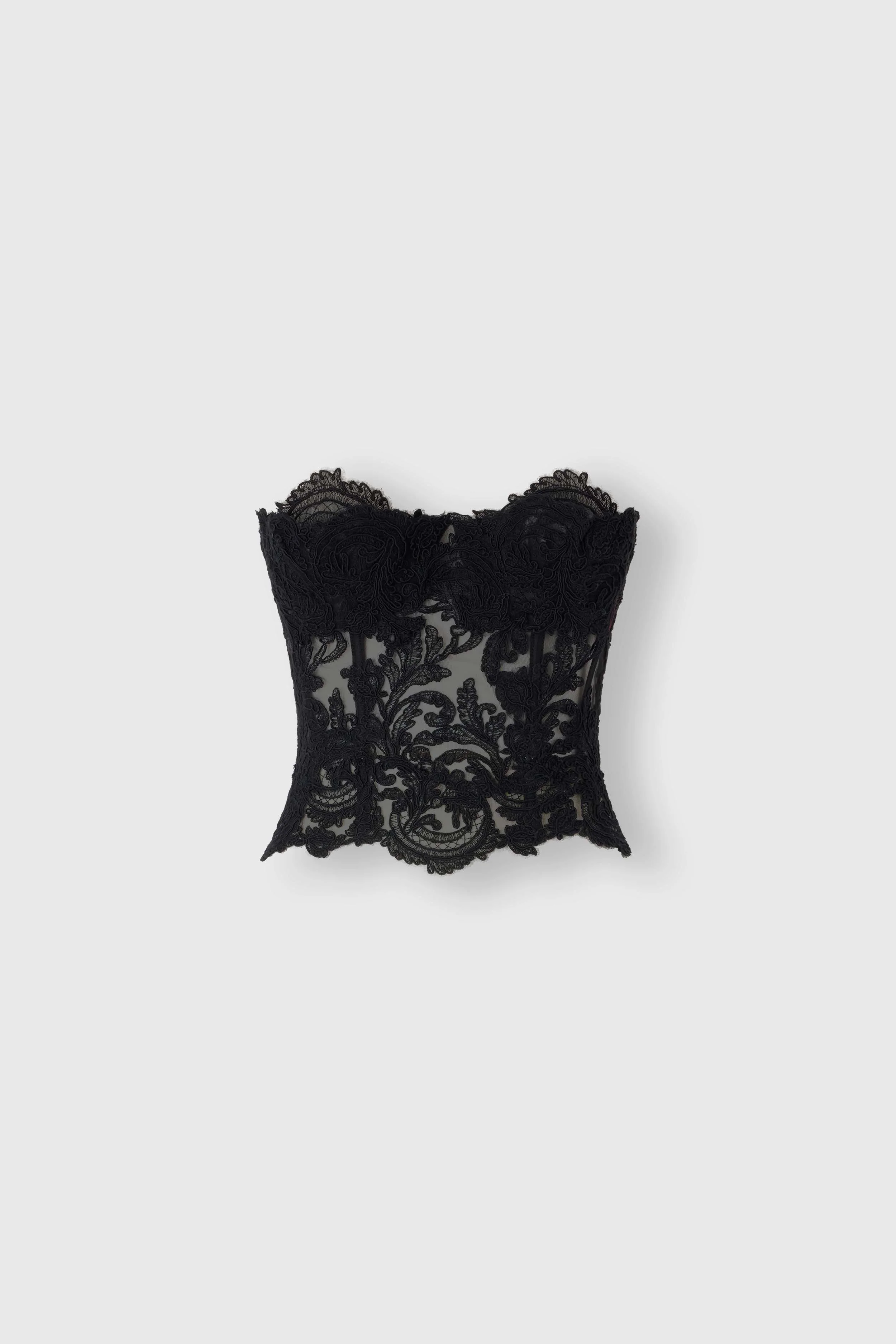 Strapless bustier top in floral lace with corsetry construction