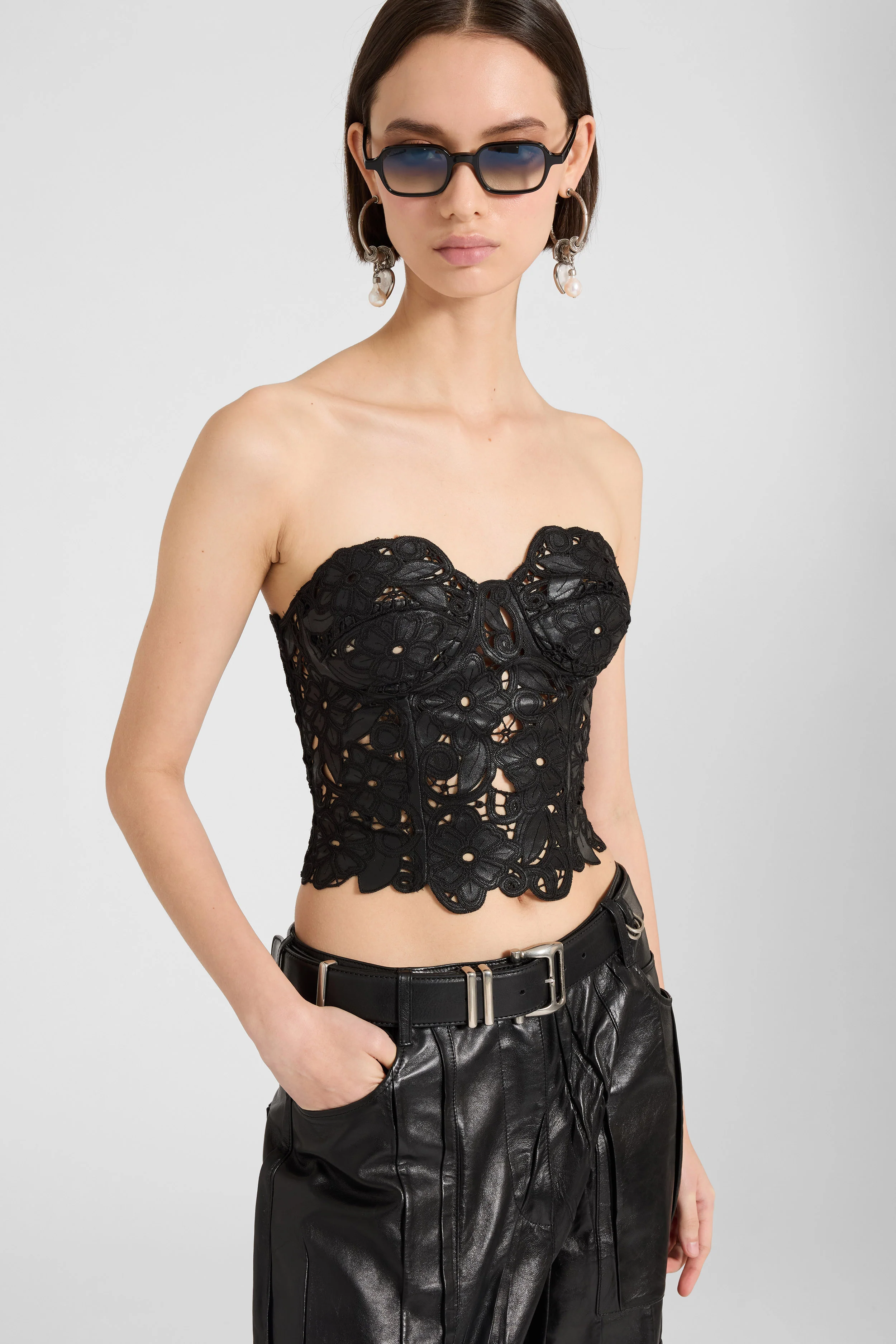 Strapless lambskin leather bustier top with hand-cut floral motif - Image 2