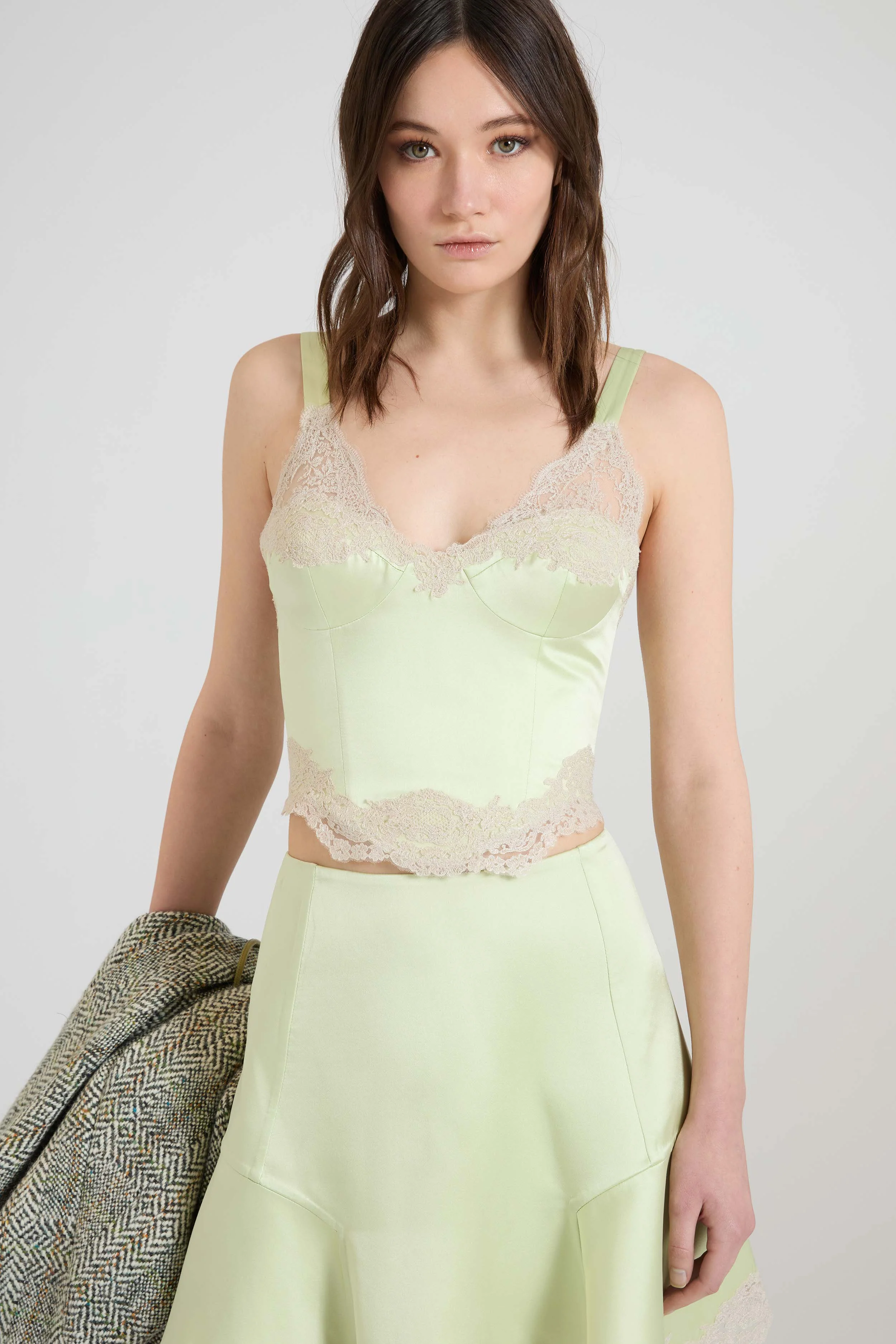 Strapped bustier top in silk satin with contrasting lace details - Image 3