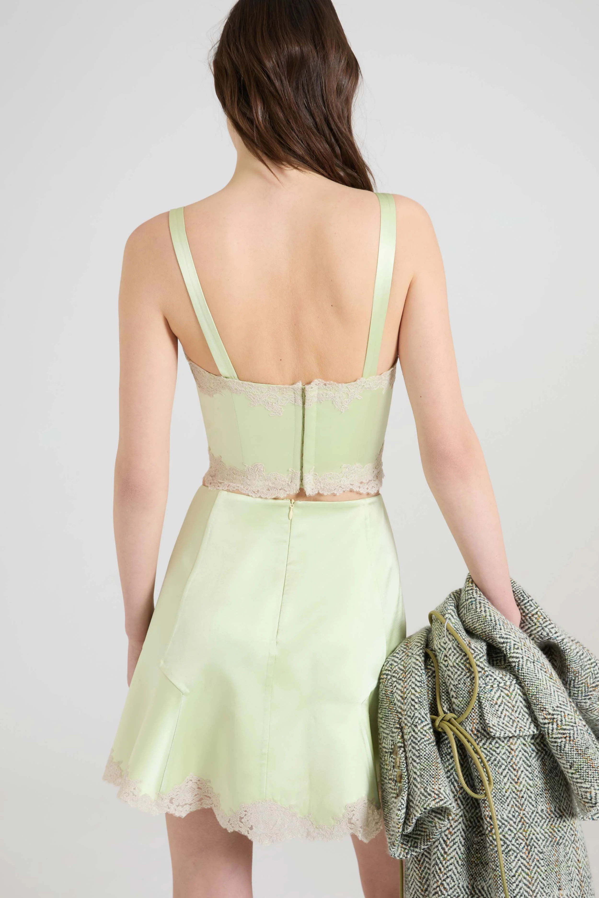 Strapped bustier top in silk satin with contrasting lace details - Image 5