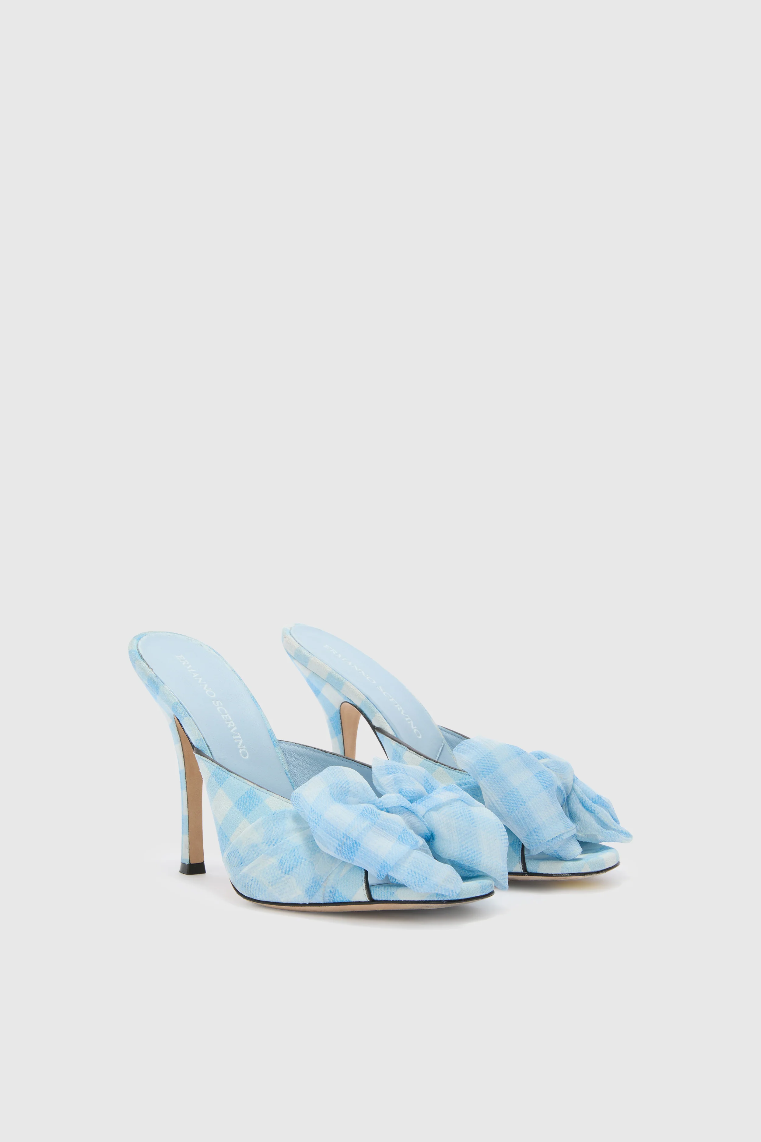 Suede vichy printed mules in white and light blue - Image 2