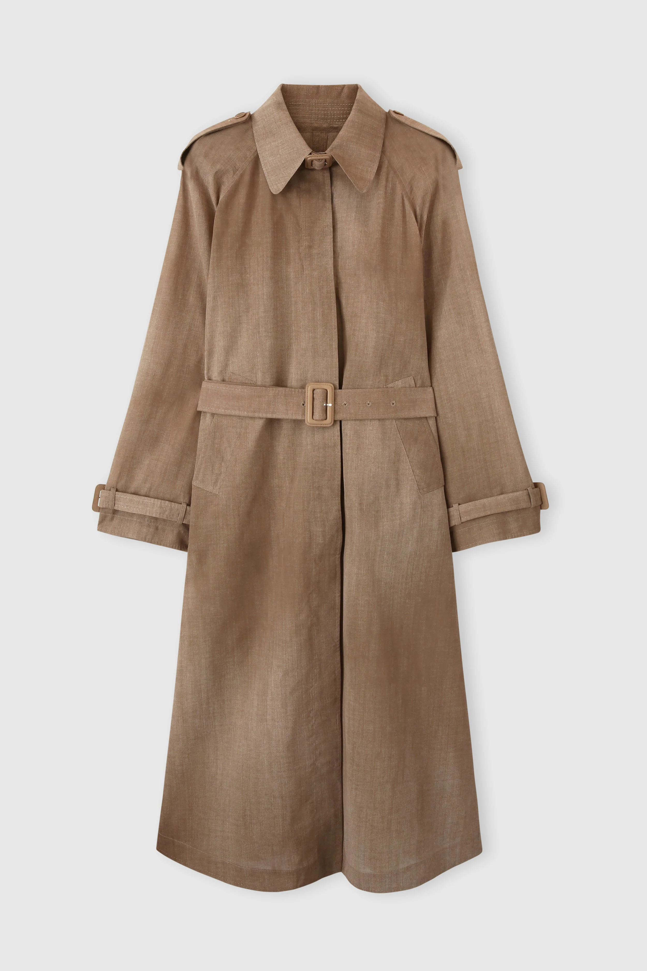 Technical georgette trench with denim print