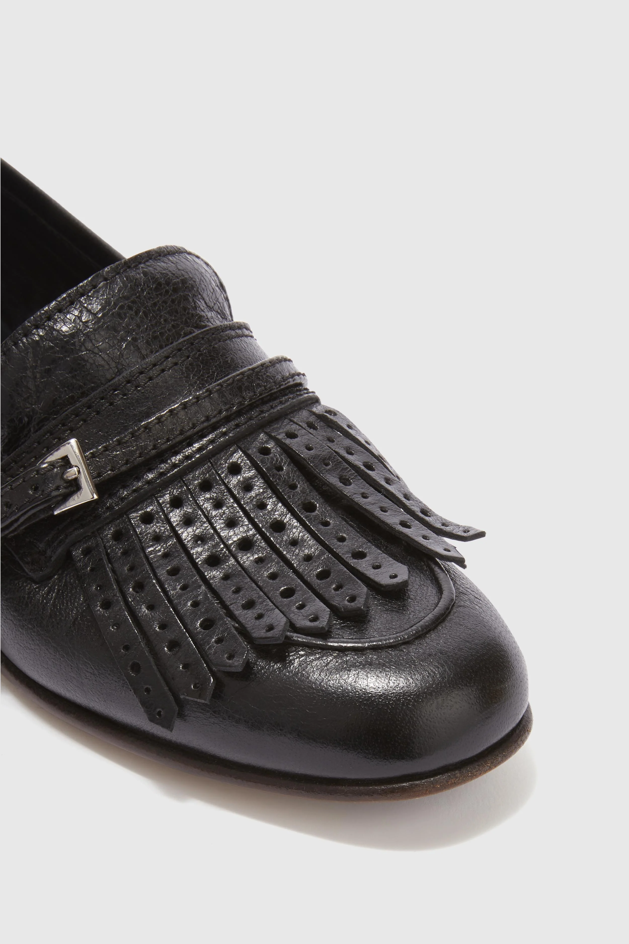 Vintage black nappa College moccasin with brogue fringes and strap - Image 4
