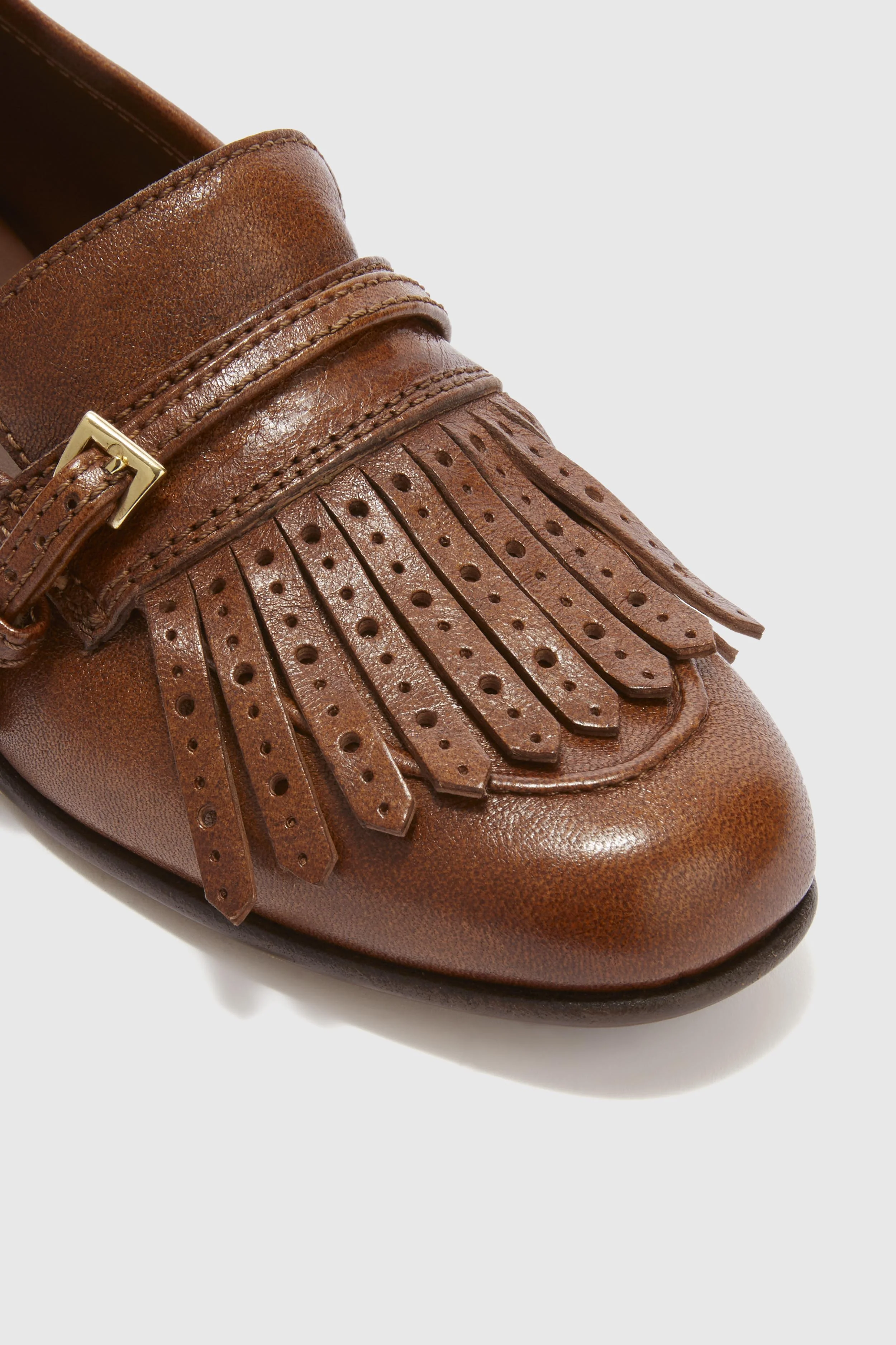 Vintage brown nappa College loafer with brogue fringes and strap - Image 4