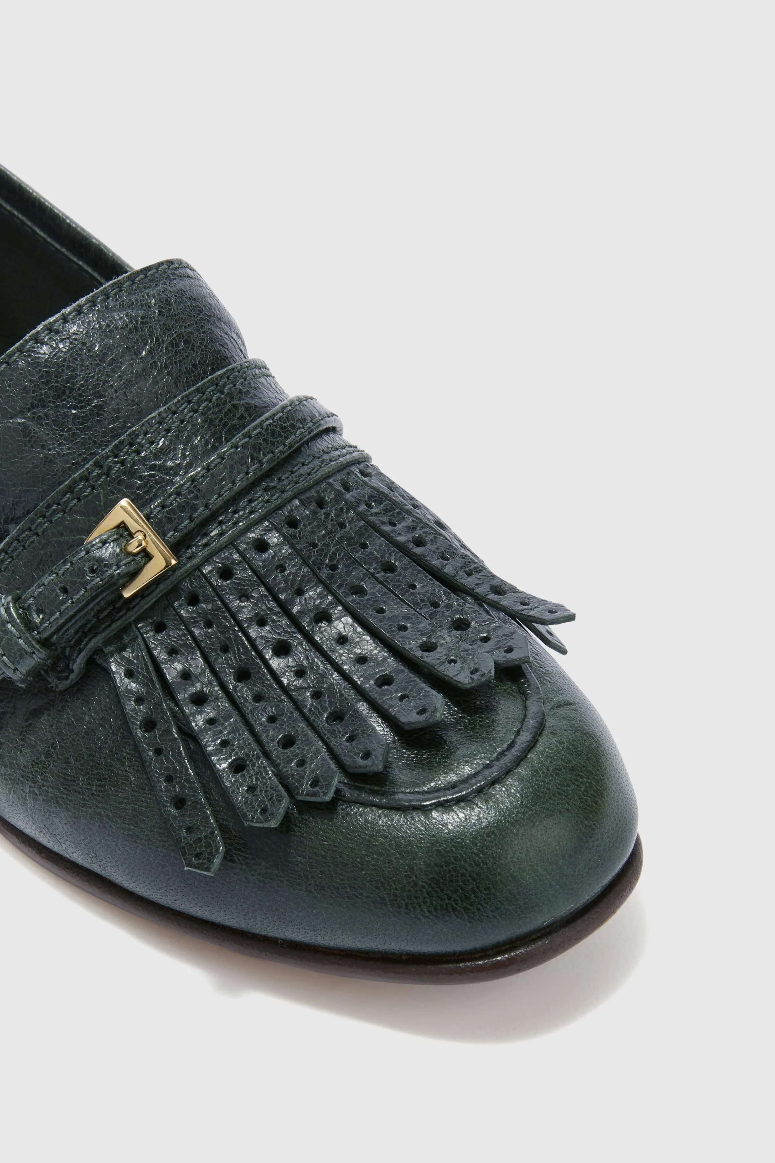 Vintage forest green nappa College loafer with brogue fringes and strap - Image 4