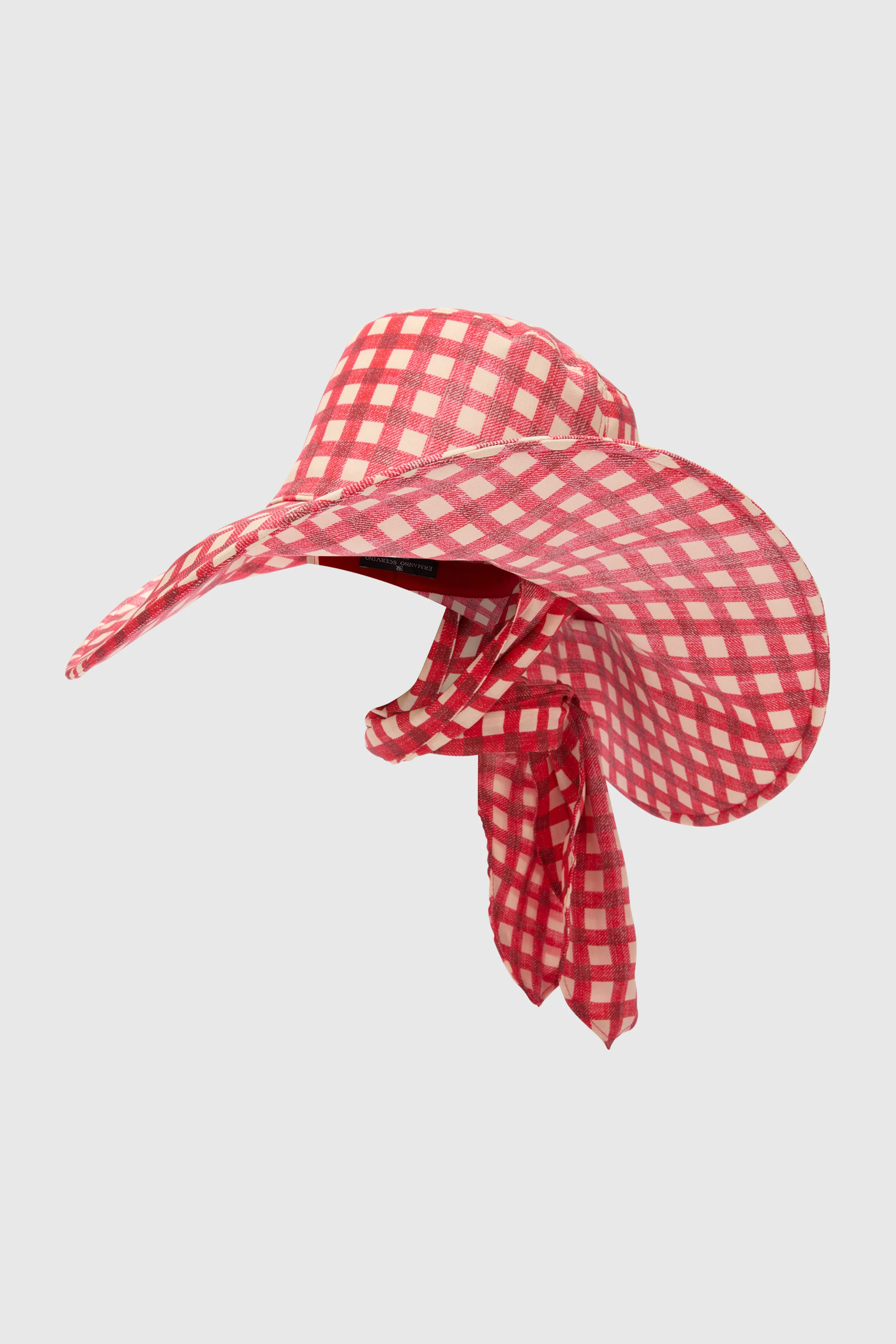 Wide-Brim Hat with Crepe de Chine Silk Scarf Bow in White and Red Vichy Print - Image 3
