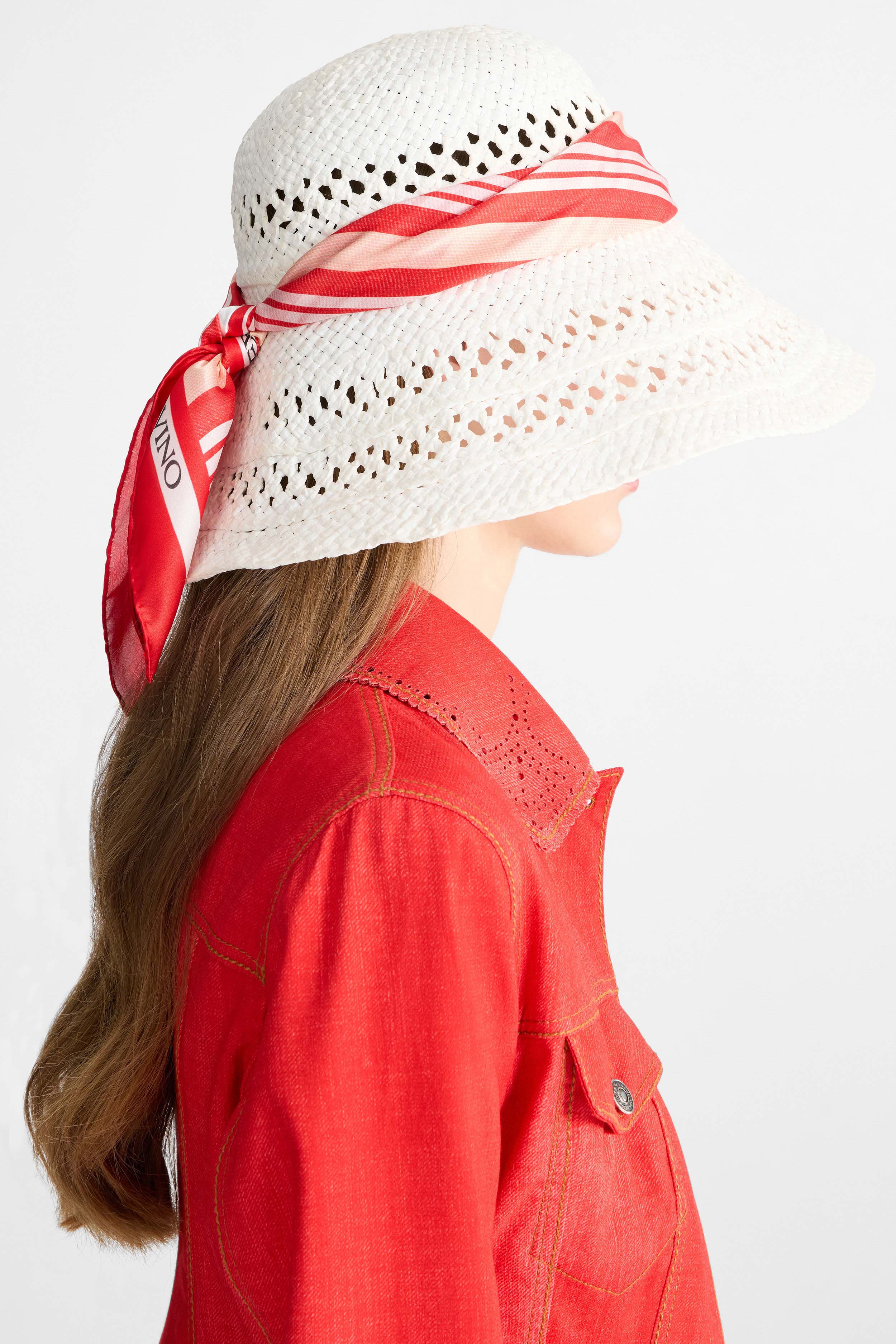 Wide-Brim Hat with Silk Scarf in White and Red Vichy Print - Image 2