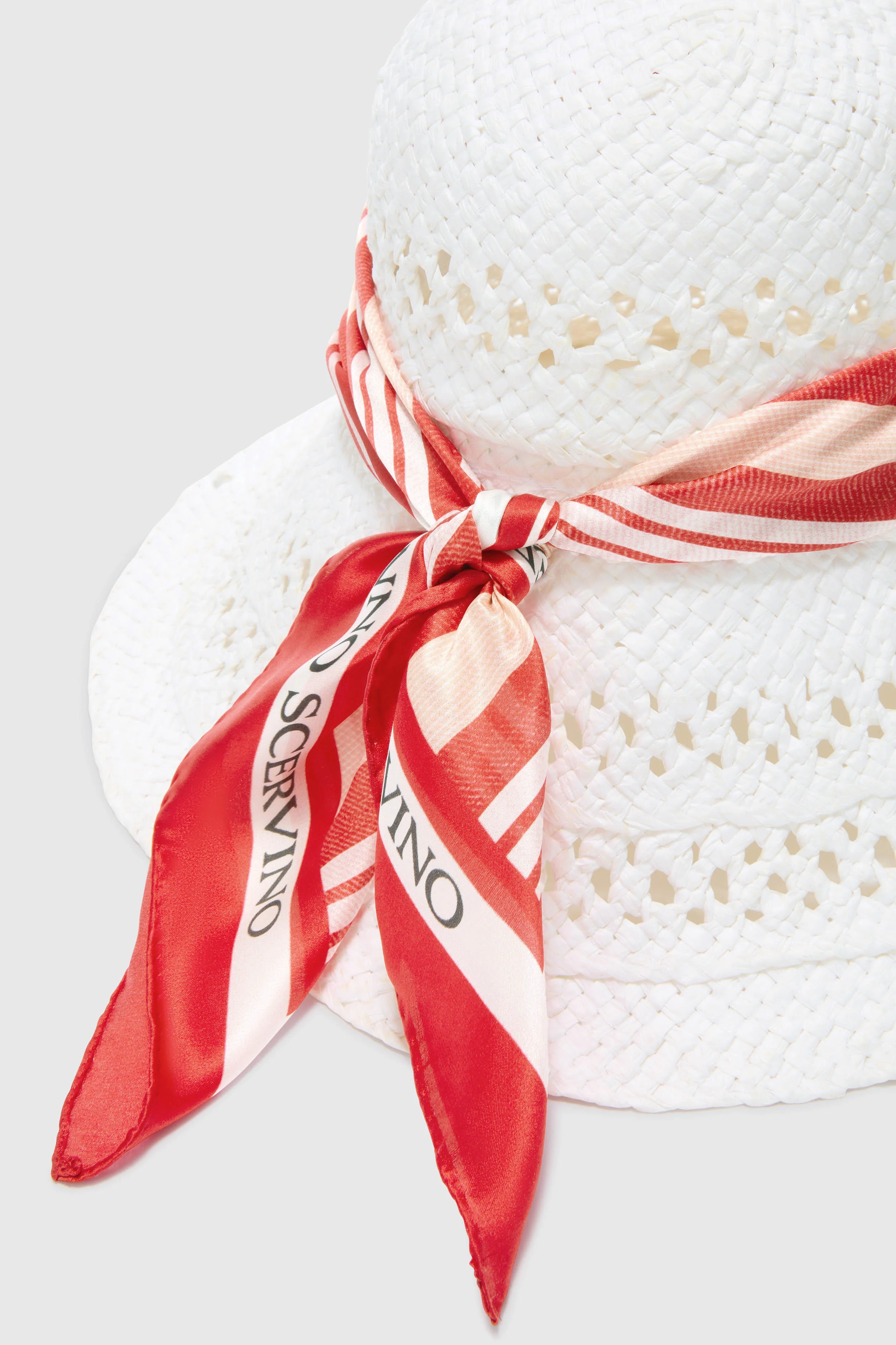 Wide-Brim Hat with Silk Scarf in White and Red Vichy Print - Image 3