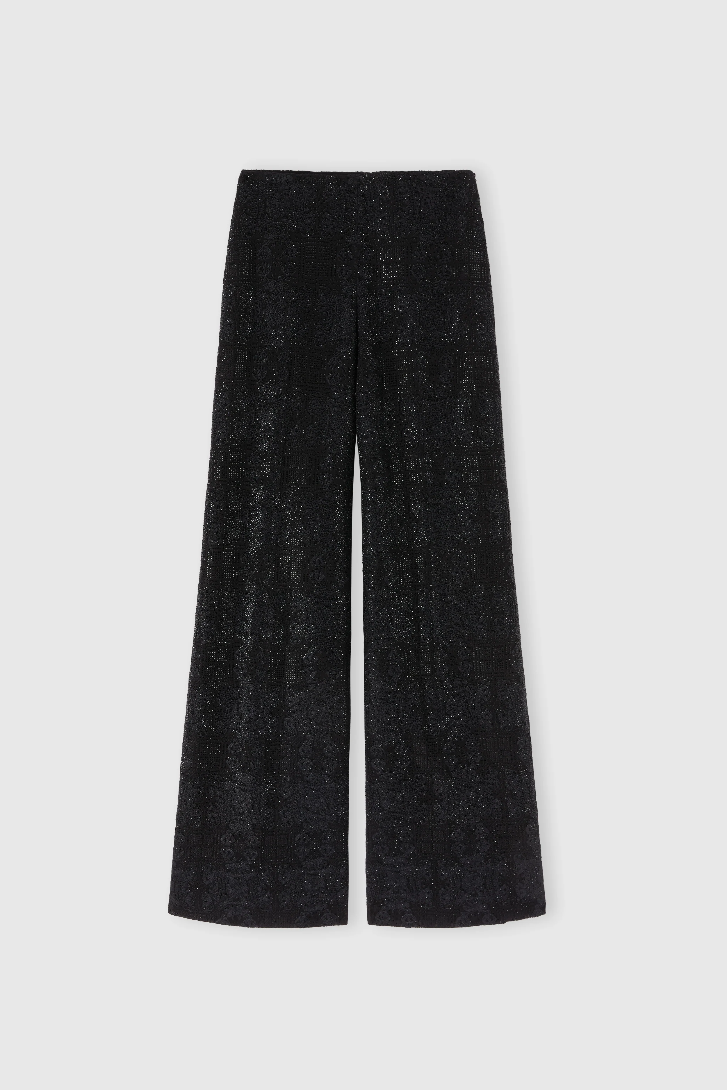 Wide-leg trousers in lace with hand-applied crystals