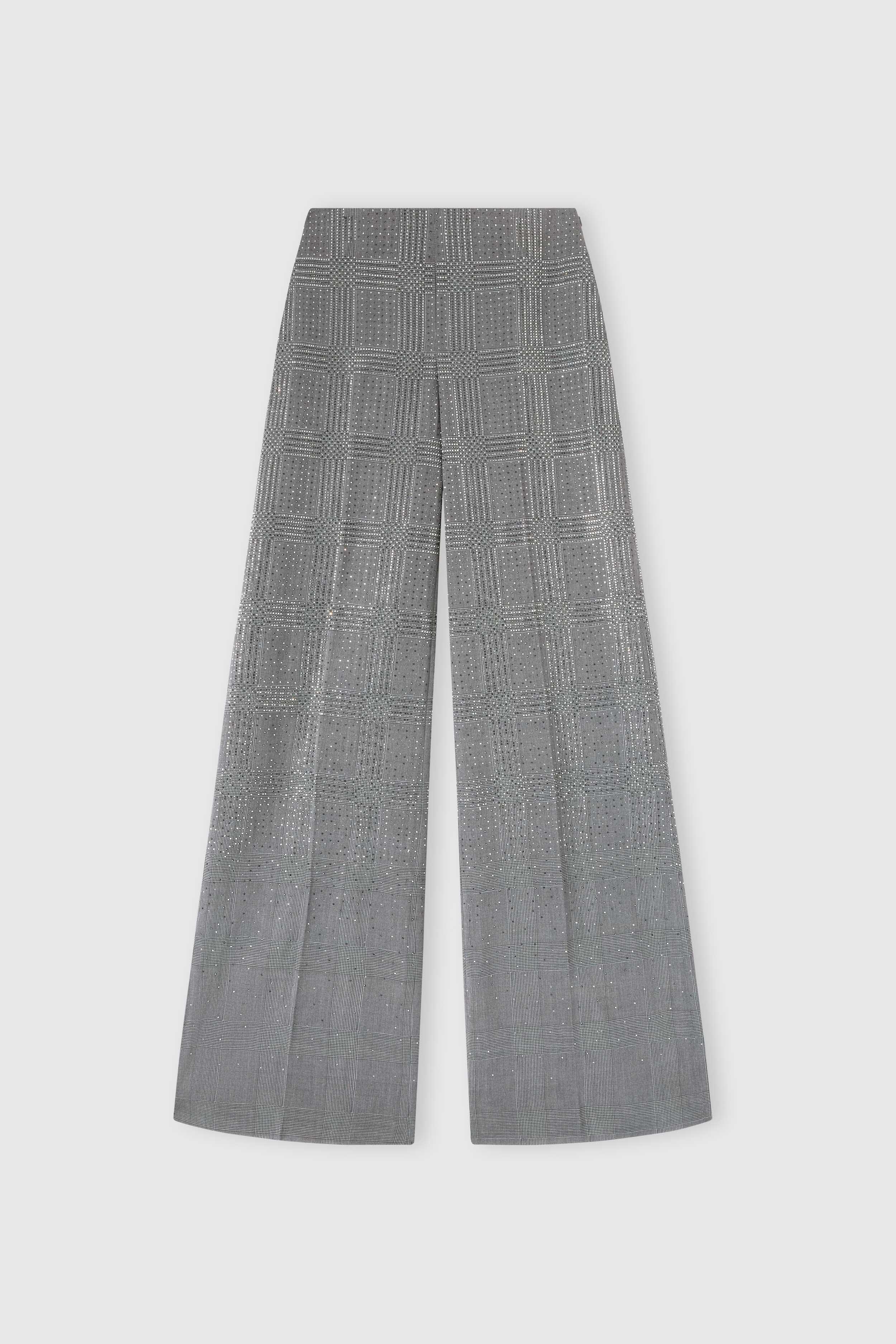 Wide-leg trousers in technical georgette with Glen check print and hand-applied crystals