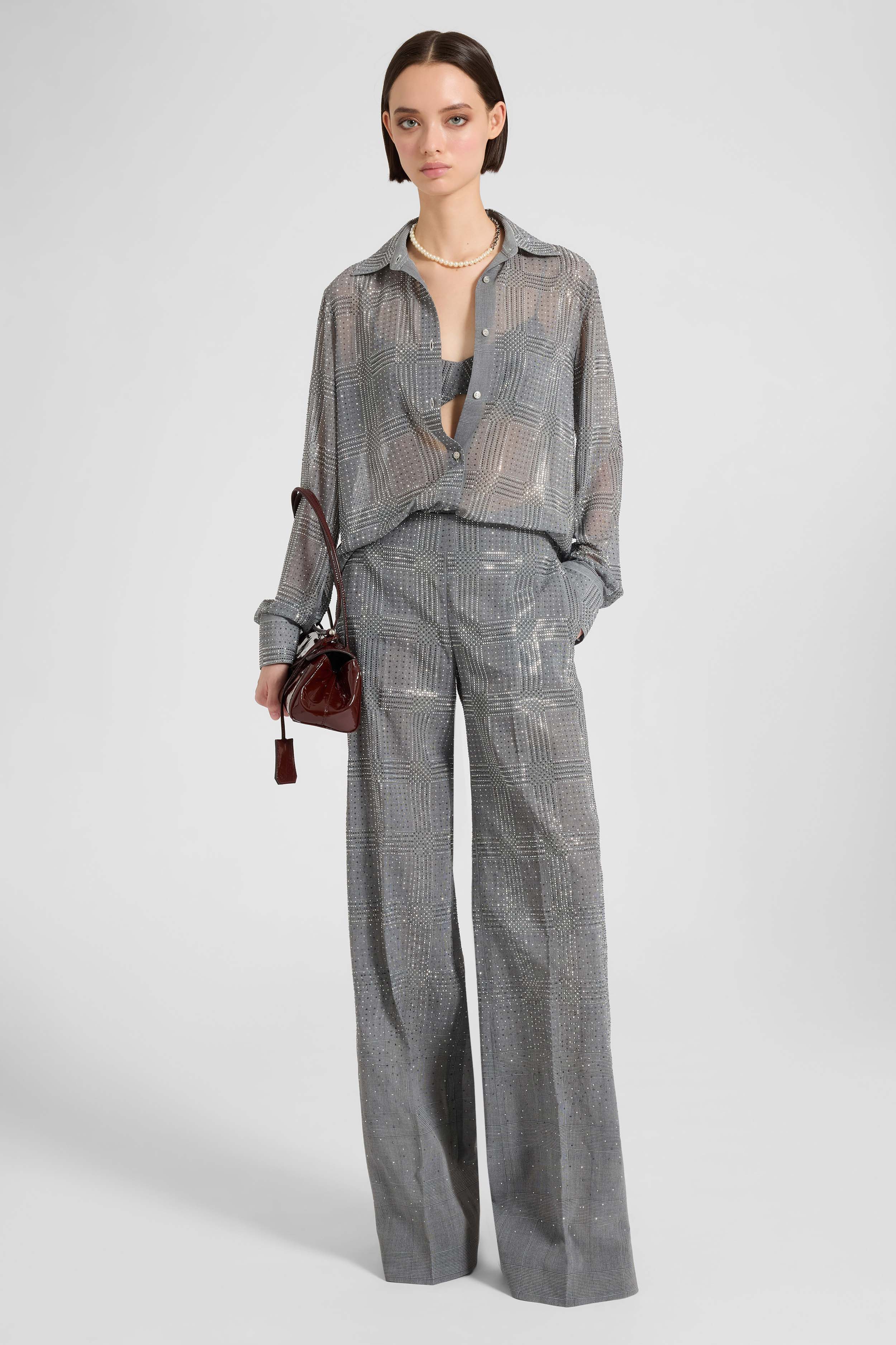 Wide-leg trousers in technical georgette with Glen check print and hand-applied crystals - Image 2