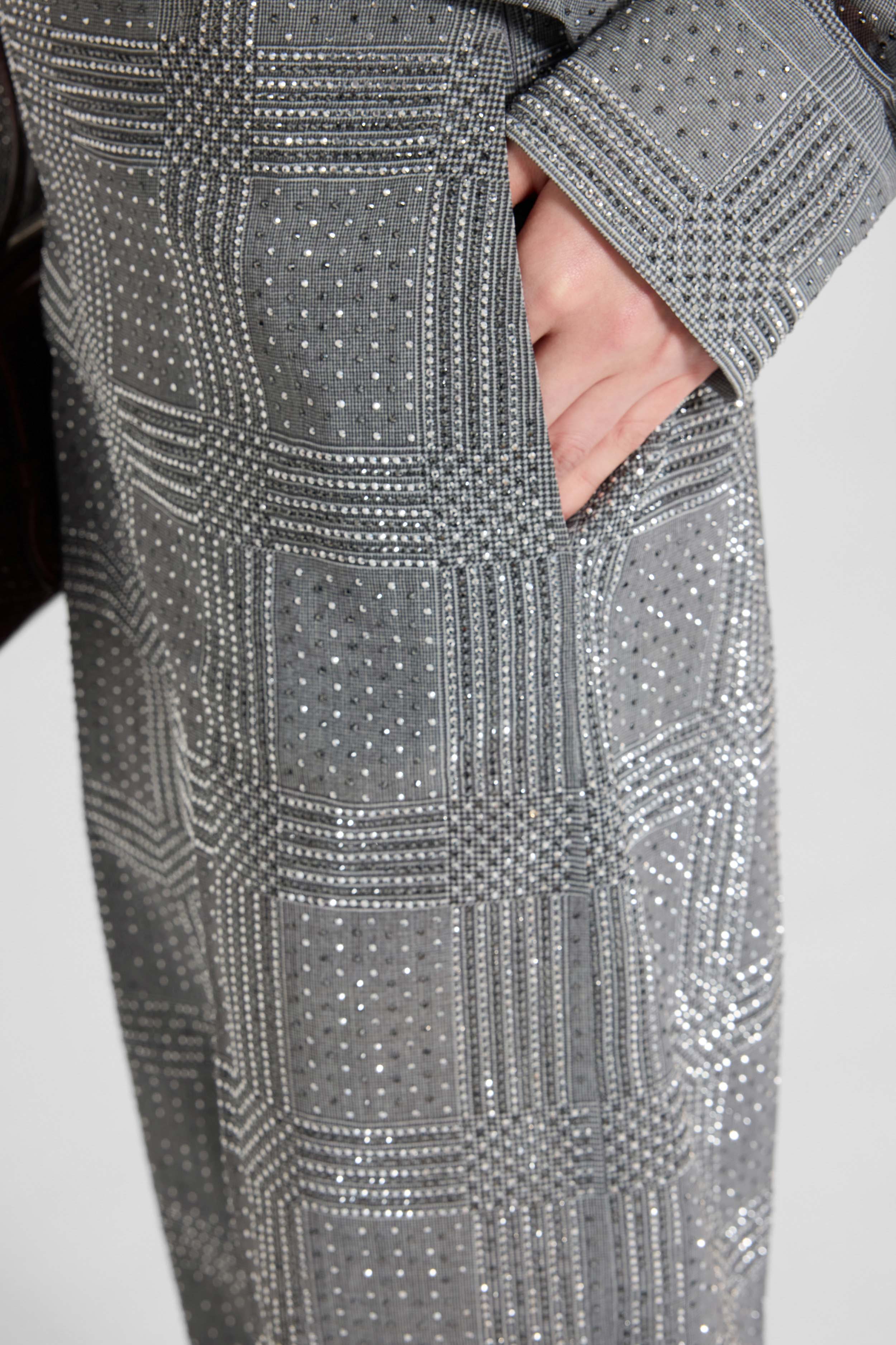 Wide-leg trousers in technical georgette with Glen check print and hand-applied crystals - Image 4