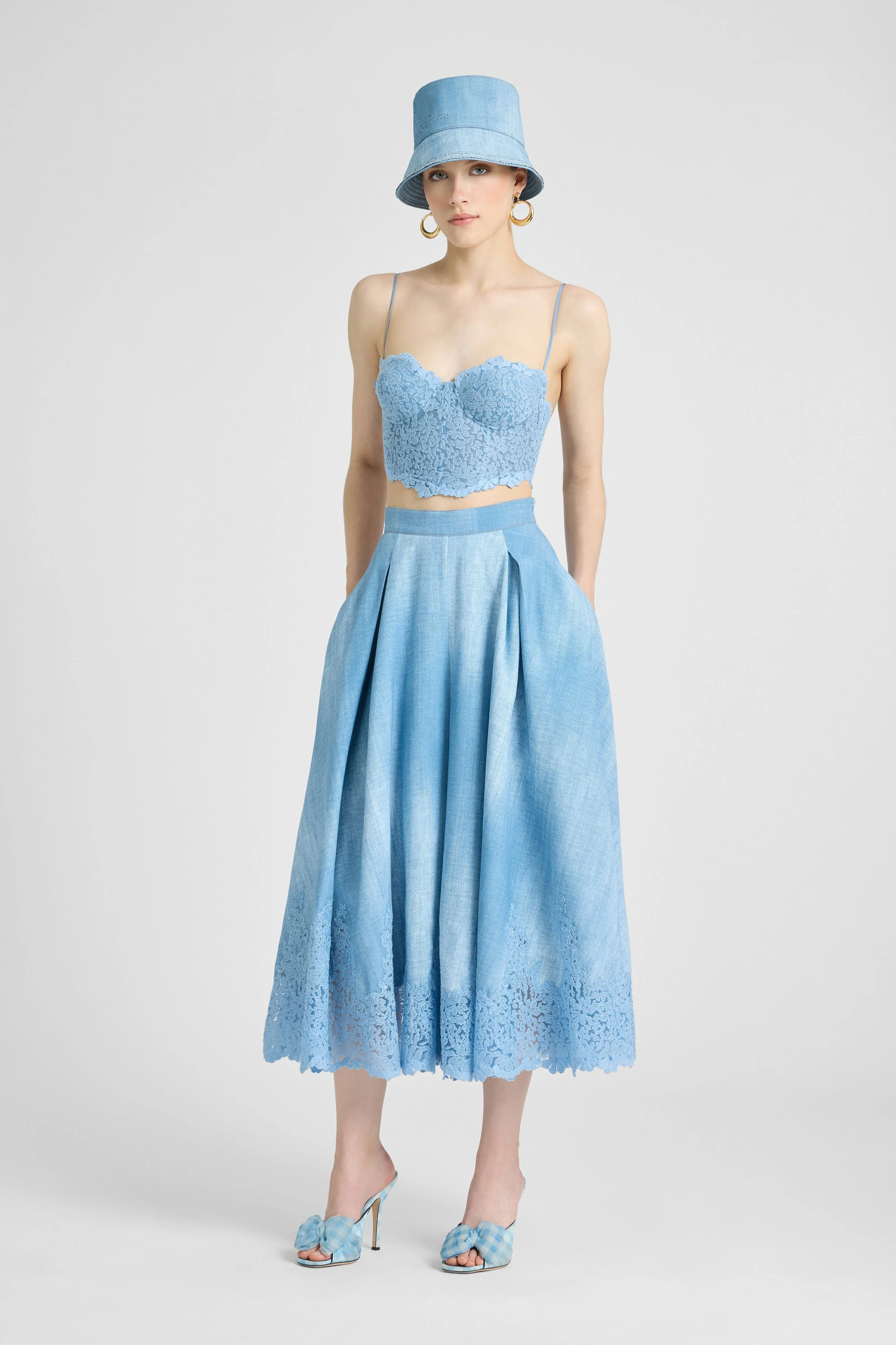 Wide Midi Skirt in Marocain Jeans Print with Rebrodé Lace - Image 2