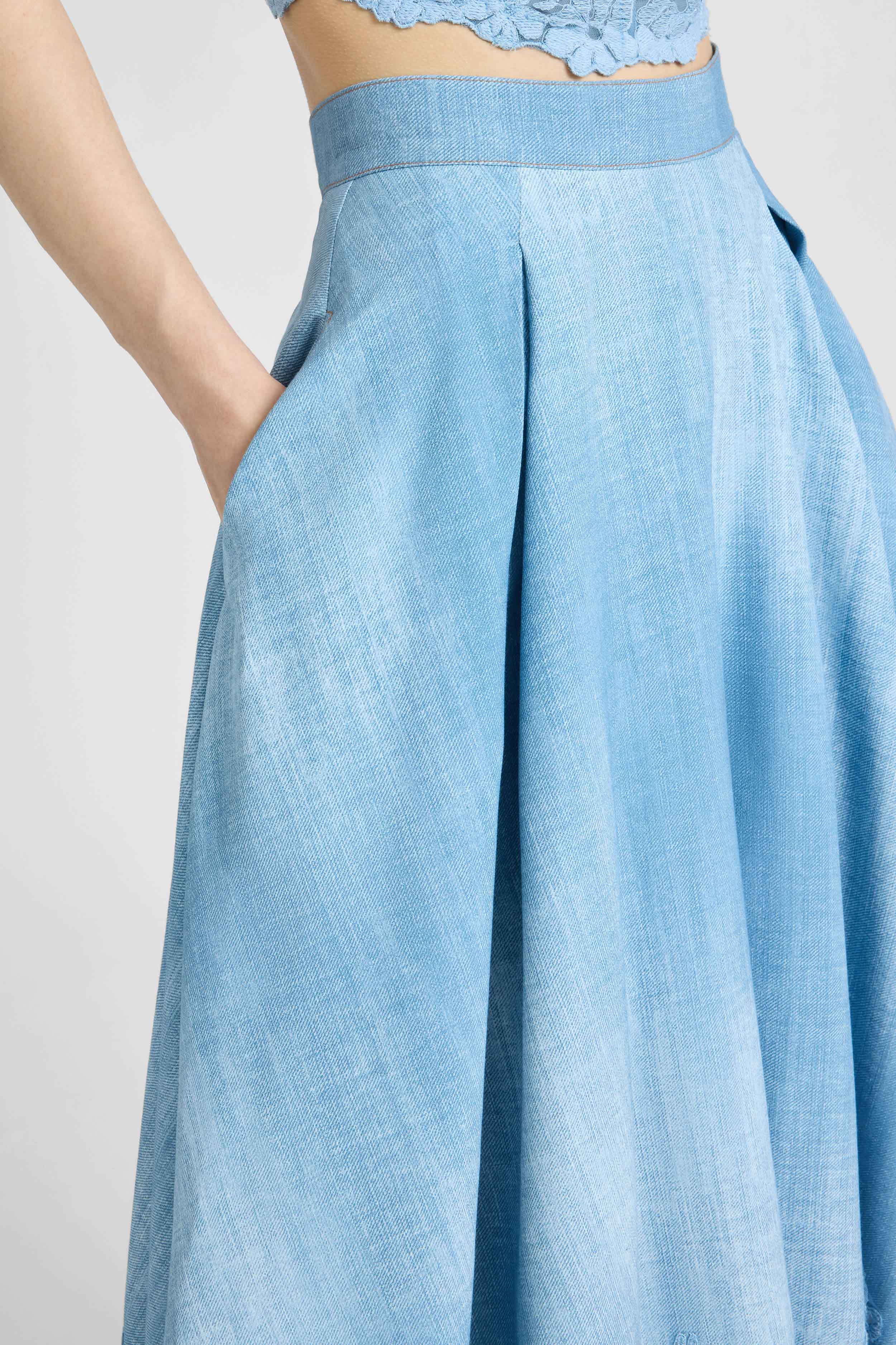 Wide Midi Skirt in Marocain Jeans Print with Rebrodé Lace - Image 3