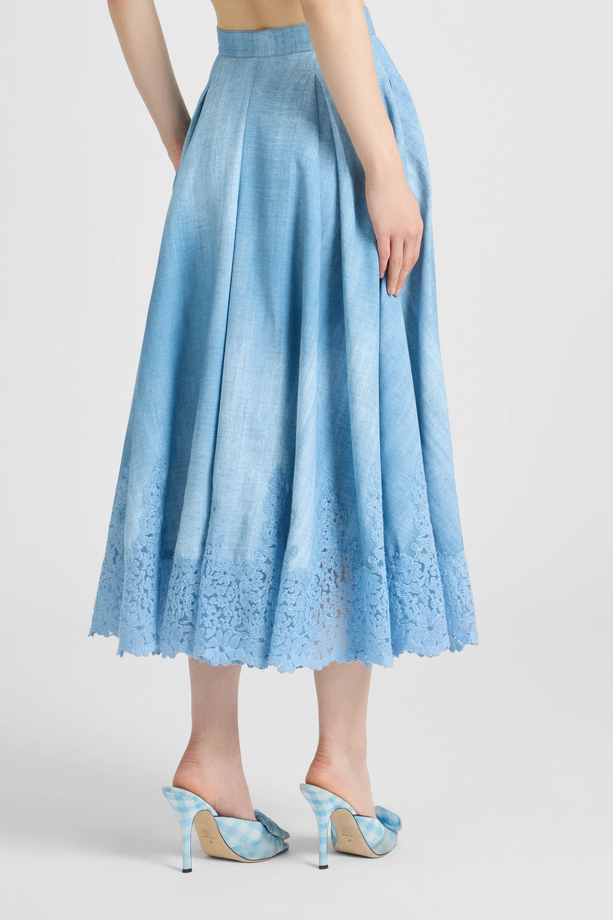 Wide Midi Skirt in Marocain Jeans Print with Rebrodé Lace - Image 4