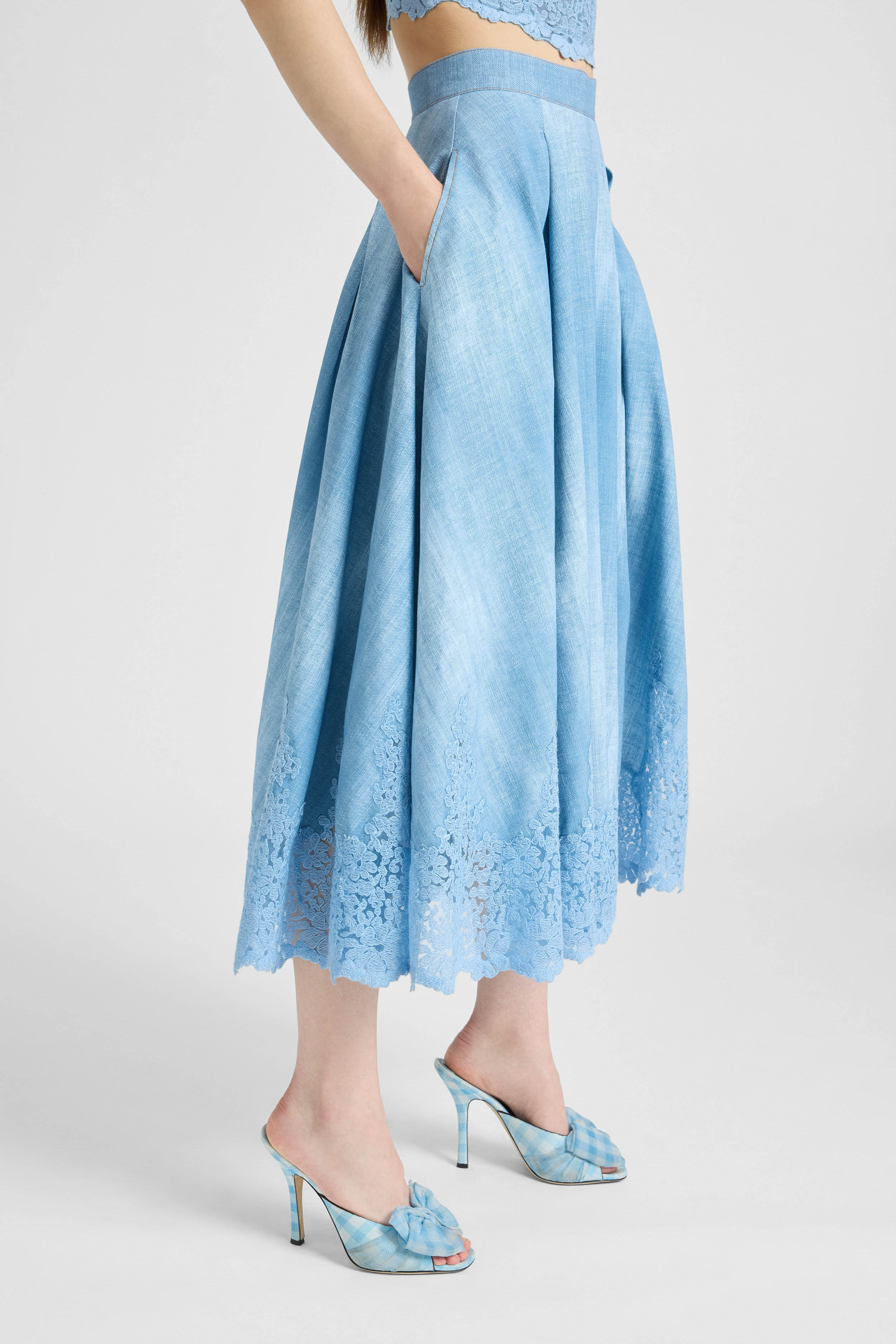 Wide Midi Skirt in Marocain Jeans Print with Rebrodé Lace - Image 5